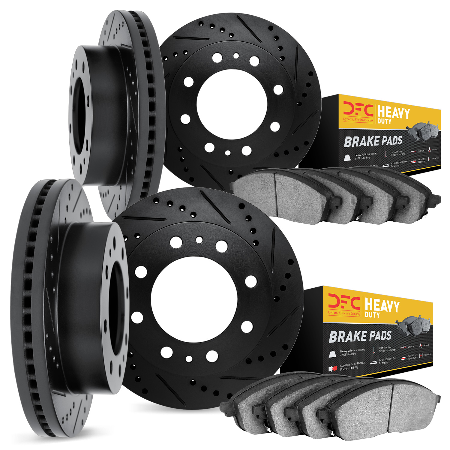 8204-46011 Drilled/Slotted Rotors w/Heavy-Duty Brake Pads Kit [Silver], 2006-2011 GM, Position: Front and Rear