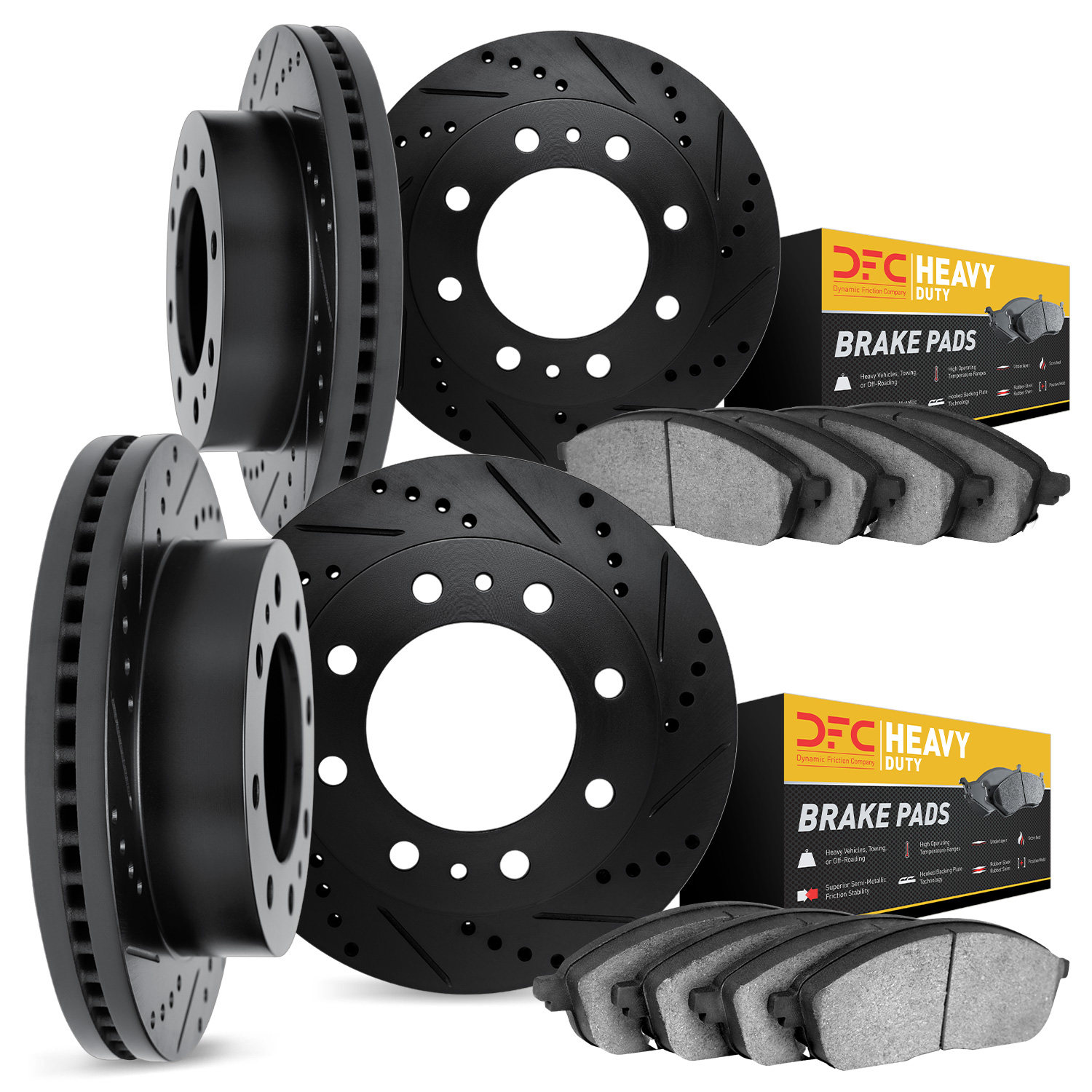 8204-48148 Drilled/Slotted Rotors w/Heavy-Duty Brake Pads Kit [Silver], 2003-2020 GM, Position: Front and Rear