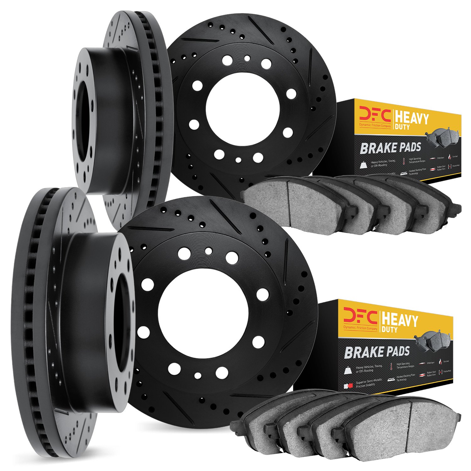 8204-48162 Drilled/Slotted Rotors w/Heavy-Duty Brake Pads Kit [Silver], 2009-2020 GM, Position: Front and Rear