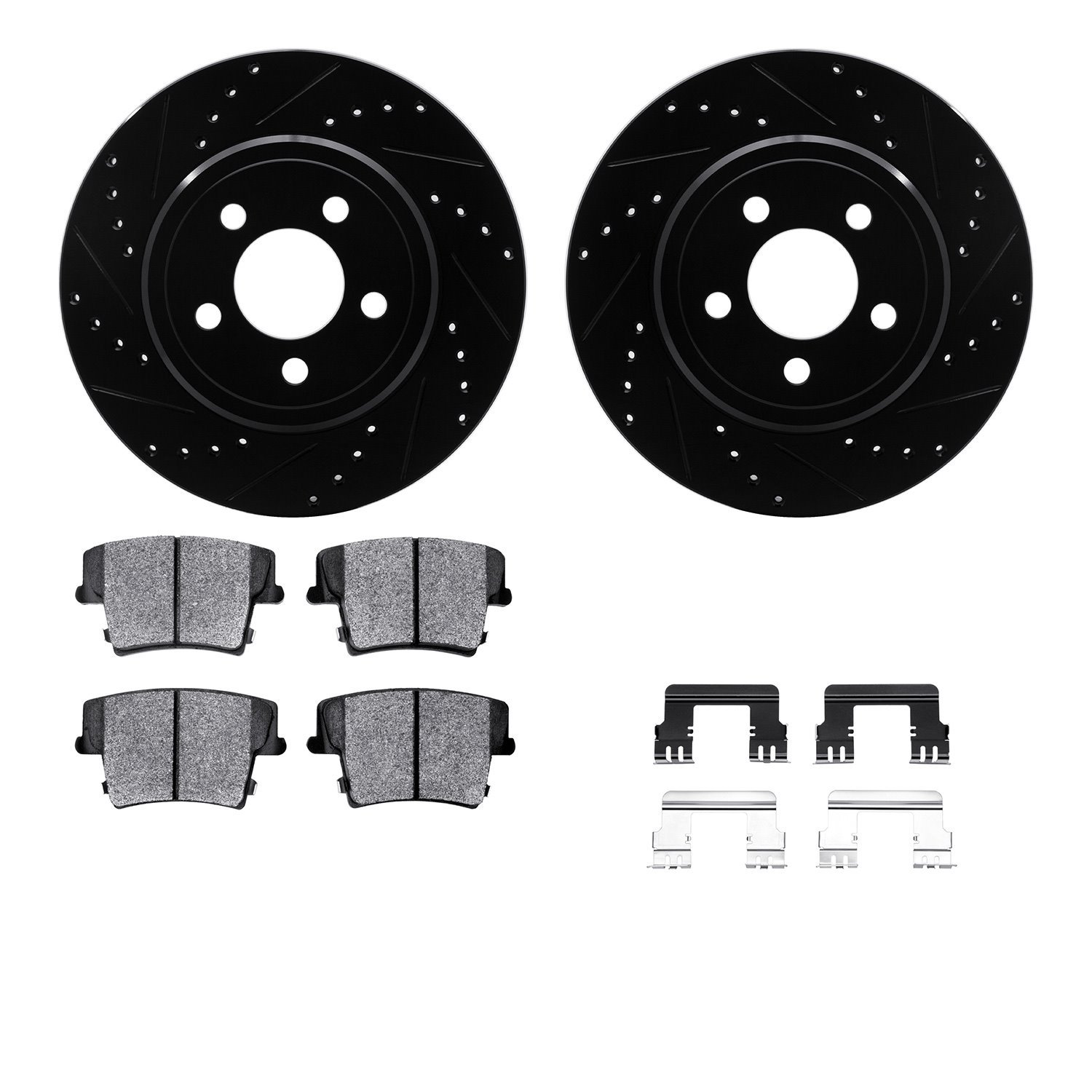 8212-39037 Drilled/Slotted Rotors w/Heavy-Duty Brake Pads Kit & Hardware [Black], Fits Select Mopar, Position: Rear