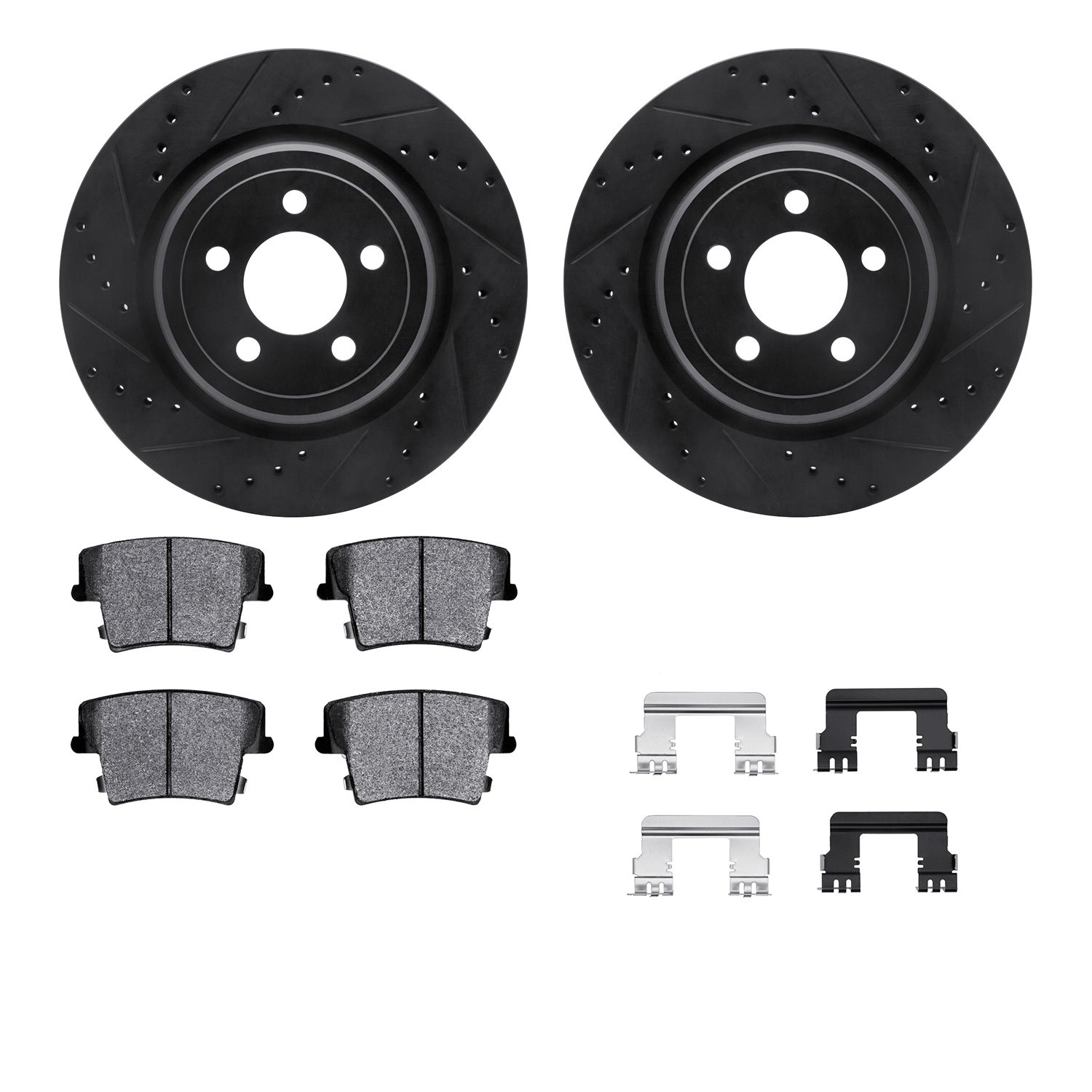 8212-39047 Drilled/Slotted Rotors w/Heavy-Duty Brake Pads Kit & Hardware [Black], 2006-2014 Mopar, Position: Rear