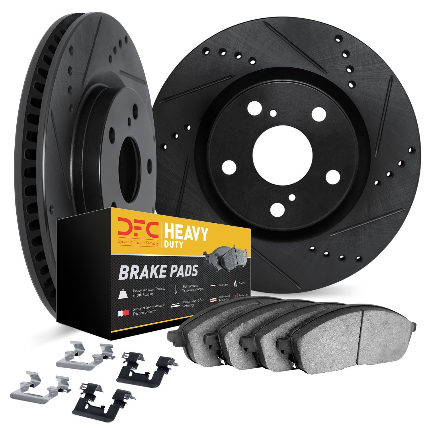 8212-39062 Drilled/Slotted Rotors w/Heavy-Duty Brake Pads Kit & Hardware [Black], 1974-1984 Mopar, Position: Front