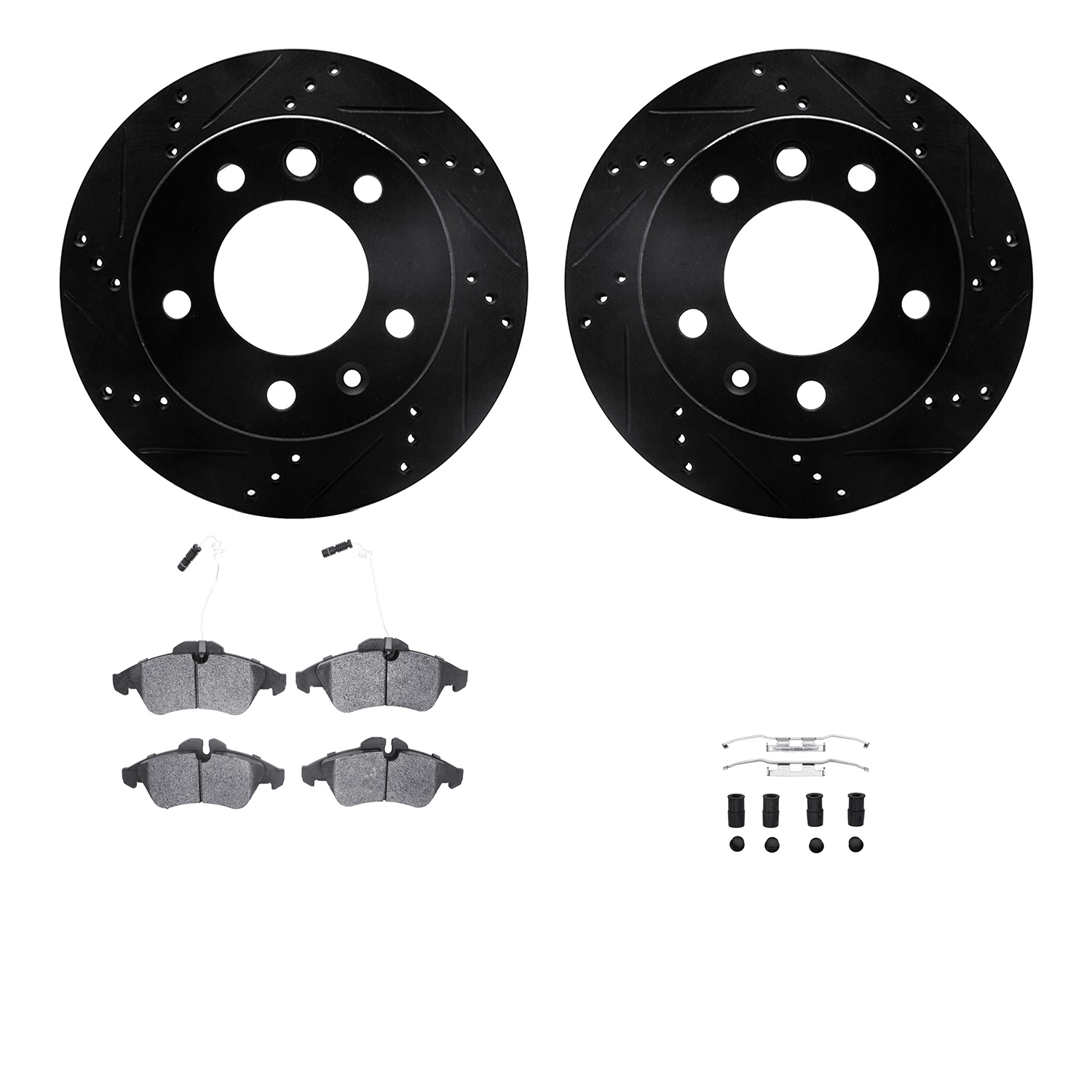 8212-40001 Drilled/Slotted Rotors w/Heavy-Duty Brake Pads Kit & Hardware [Black], 2002-2006 Multiple Makes/Models, Position: Fro
