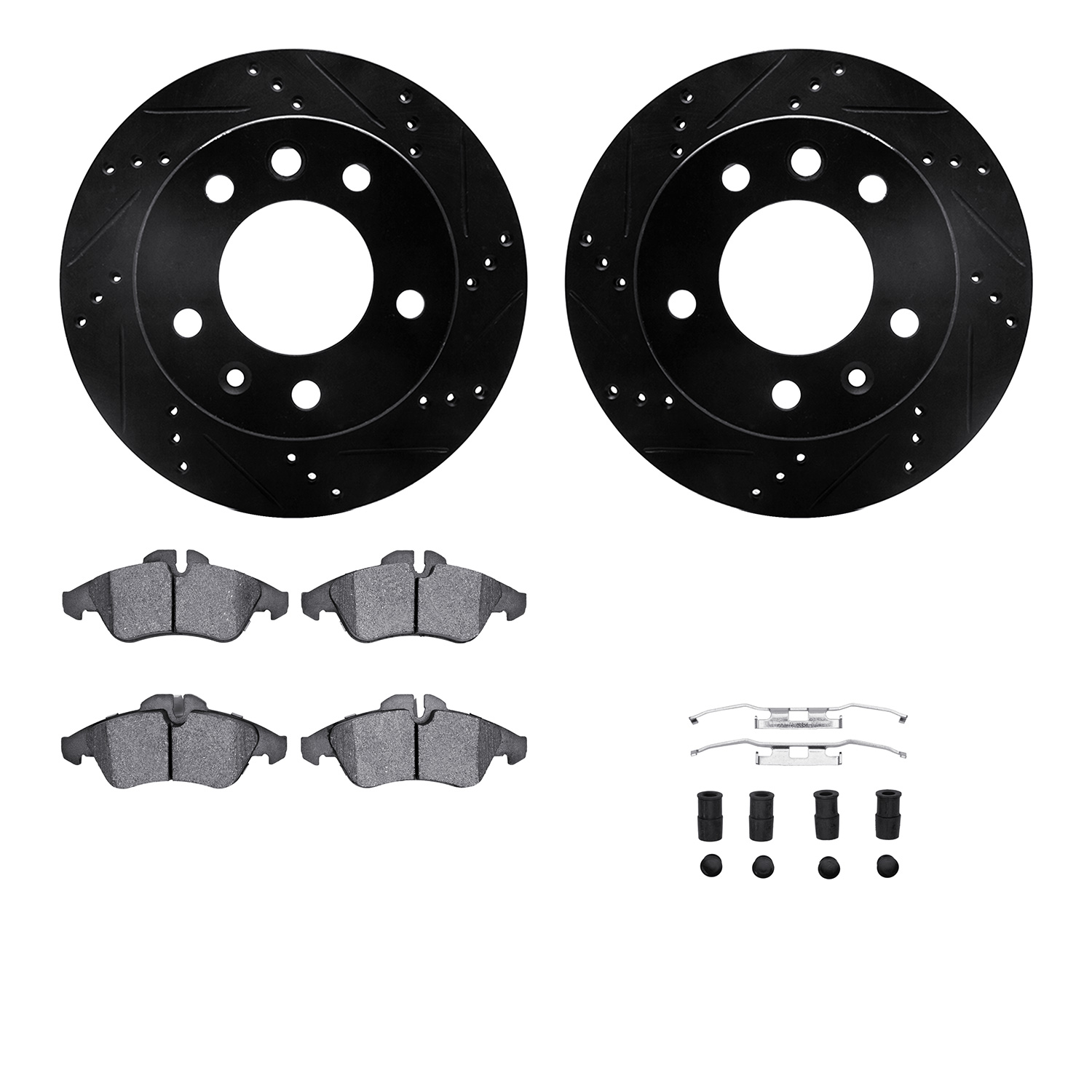 8212-40002 Drilled/Slotted Rotors w/Heavy-Duty Brake Pads Kit & Hardware [Black], 2002-2006 Multiple Makes/Models, Position: Fro