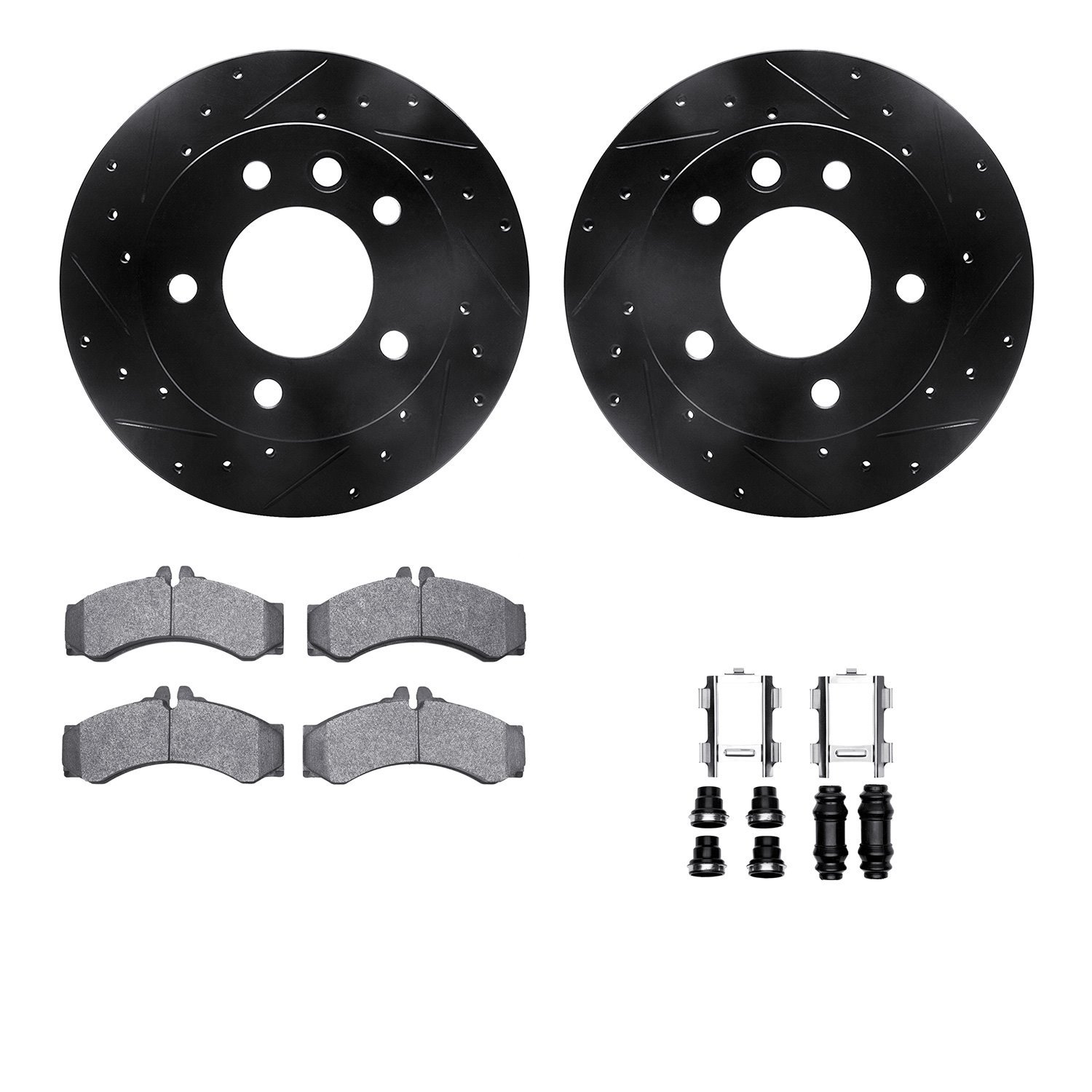 8212-40102 Drilled/Slotted Rotors w/Heavy-Duty Brake Pads Kit & Hardware [Black], 2003-2006 Mopar, Position: Front