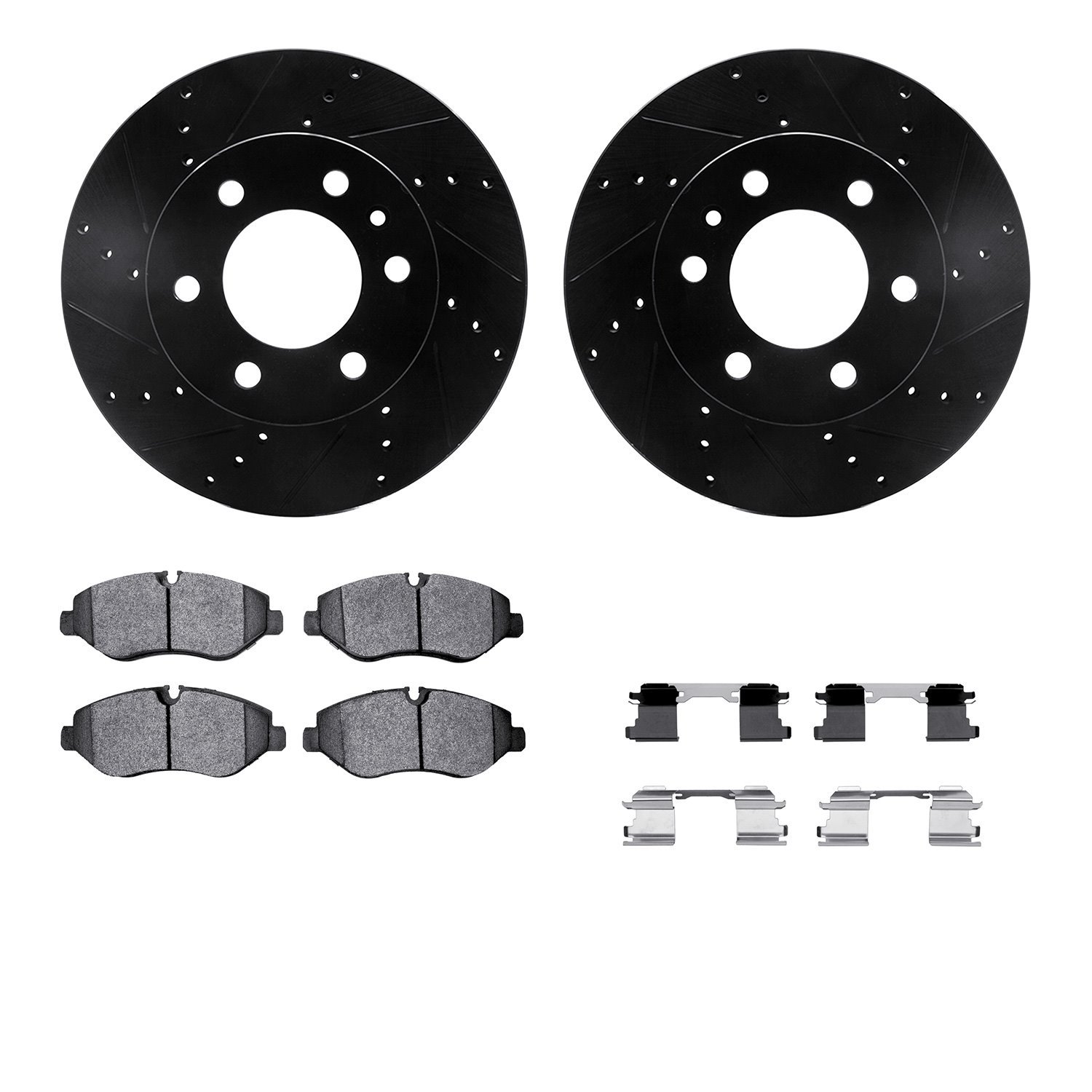 8212-40107 Drilled/Slotted Rotors w/Heavy-Duty Brake Pads Kit & Hardware [Black], 2007-2018 Multiple Makes/Models, Position: Fro