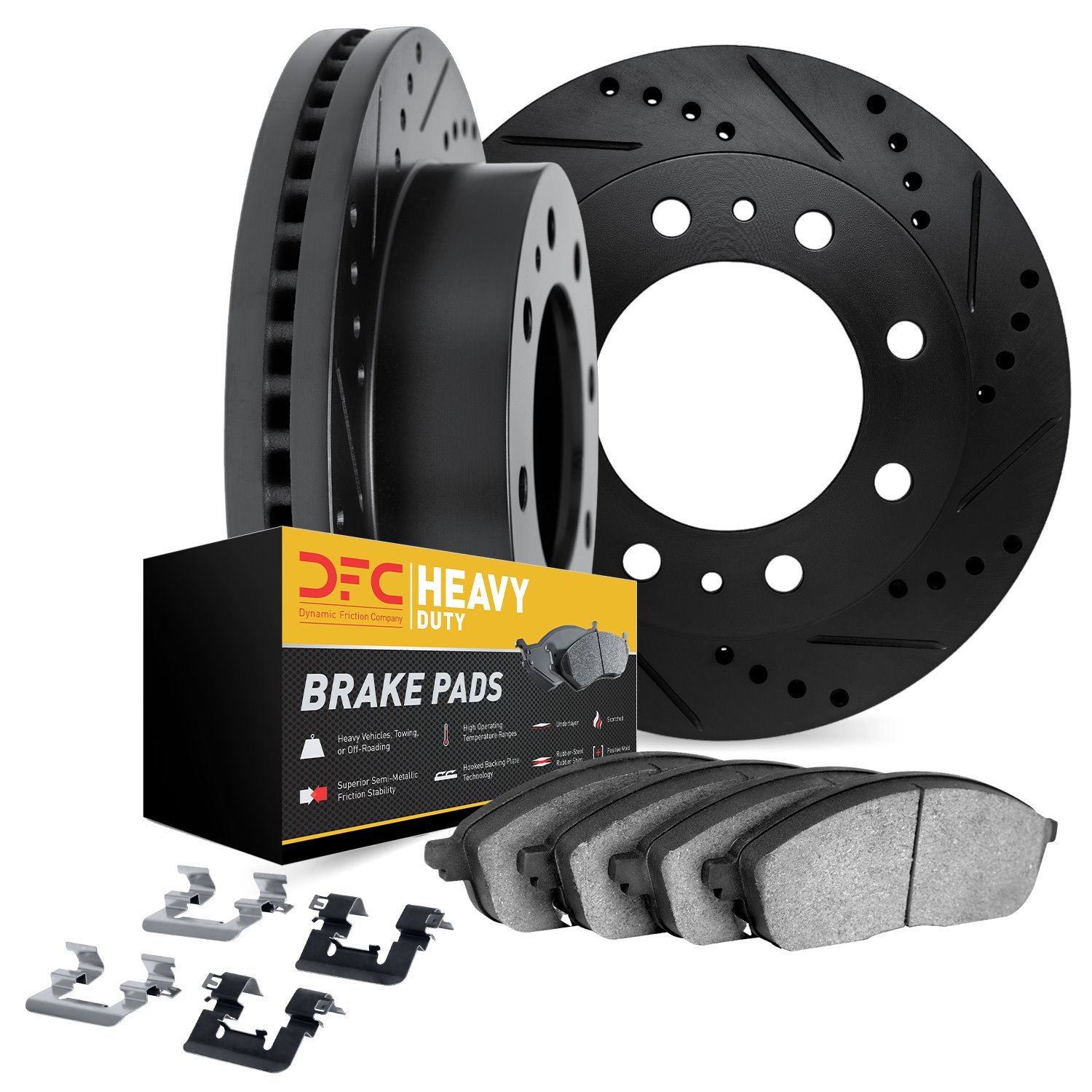 8212-40109 Drilled/Slotted Rotors w/Heavy-Duty Brake Pads Kit & Hardware [Black], 1988-2000 Multiple Makes/Models, Position: Fro
