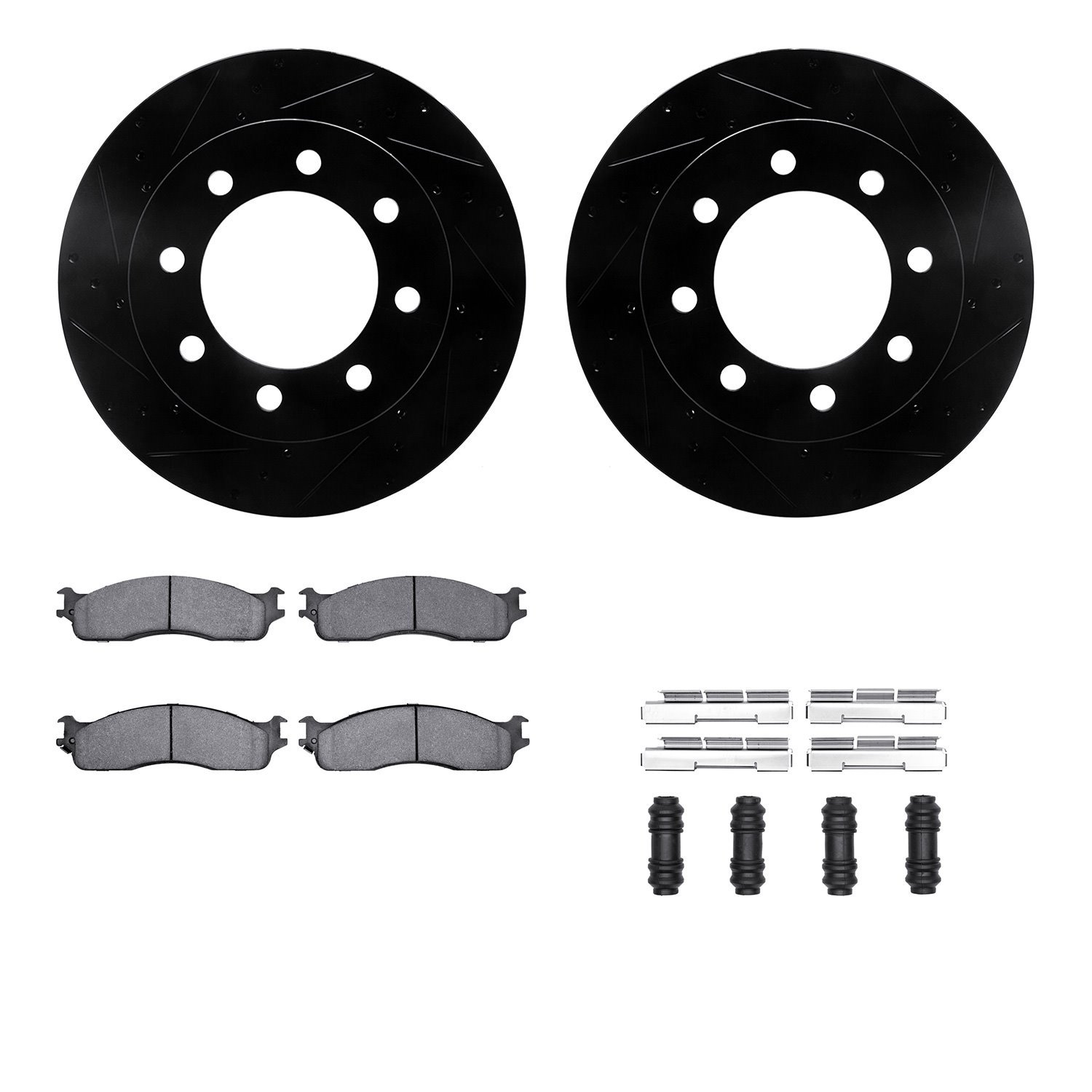 8212-40171 Drilled/Slotted Rotors w/Heavy-Duty Brake Pads Kit & Hardware [Black], 2003-2008 Mopar, Position: Front