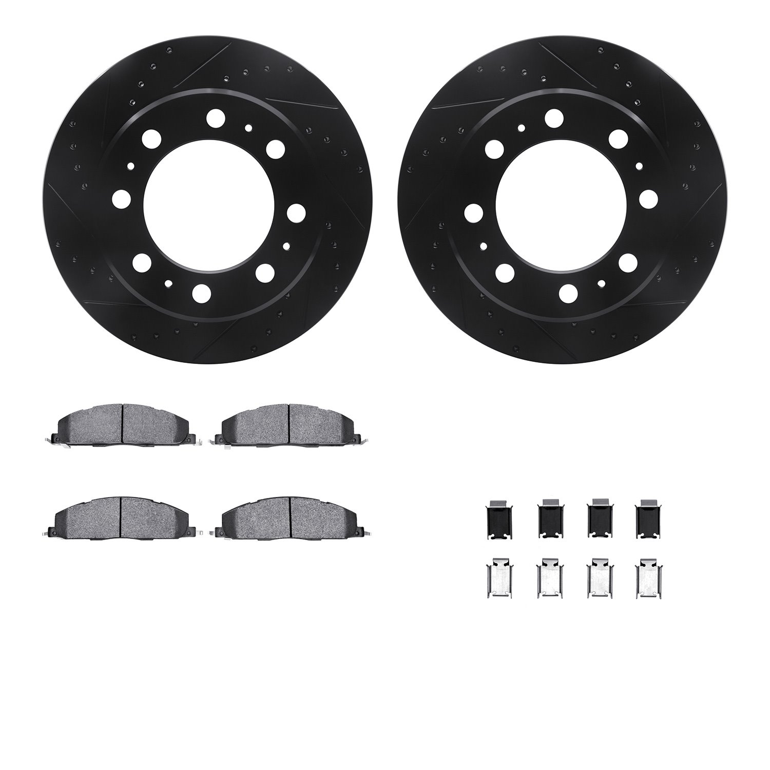 8212-40193 Drilled/Slotted Rotors w/Heavy-Duty Brake Pads Kit & Hardware [Black], 2009-2018 Mopar, Position: Rear