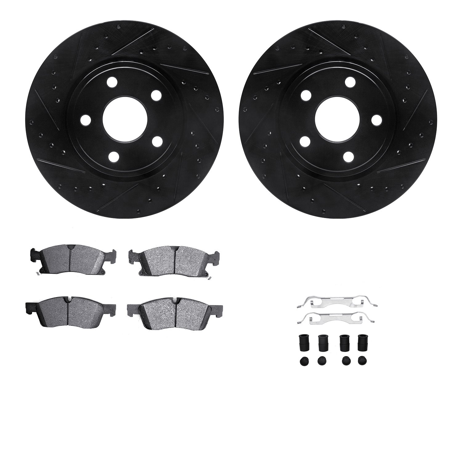 8212-42002 Drilled/Slotted Rotors w/Heavy-Duty Brake Pads Kit & Hardware [Black], Fits Select Mopar, Position: Front