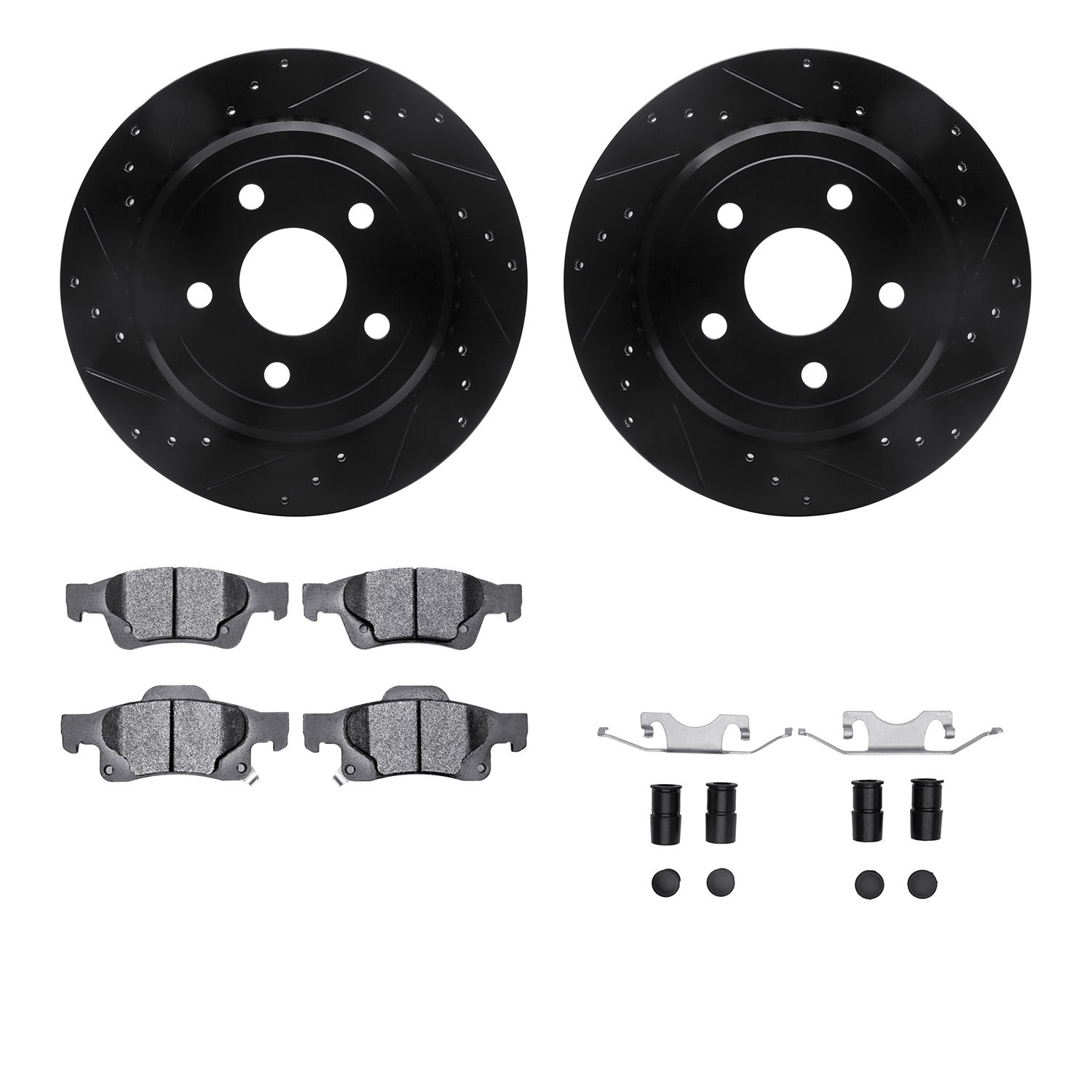 8212-42003 Drilled/Slotted Rotors w/Heavy-Duty Brake Pads Kit & Hardware [Black], Fits Select Mopar, Position: Rear