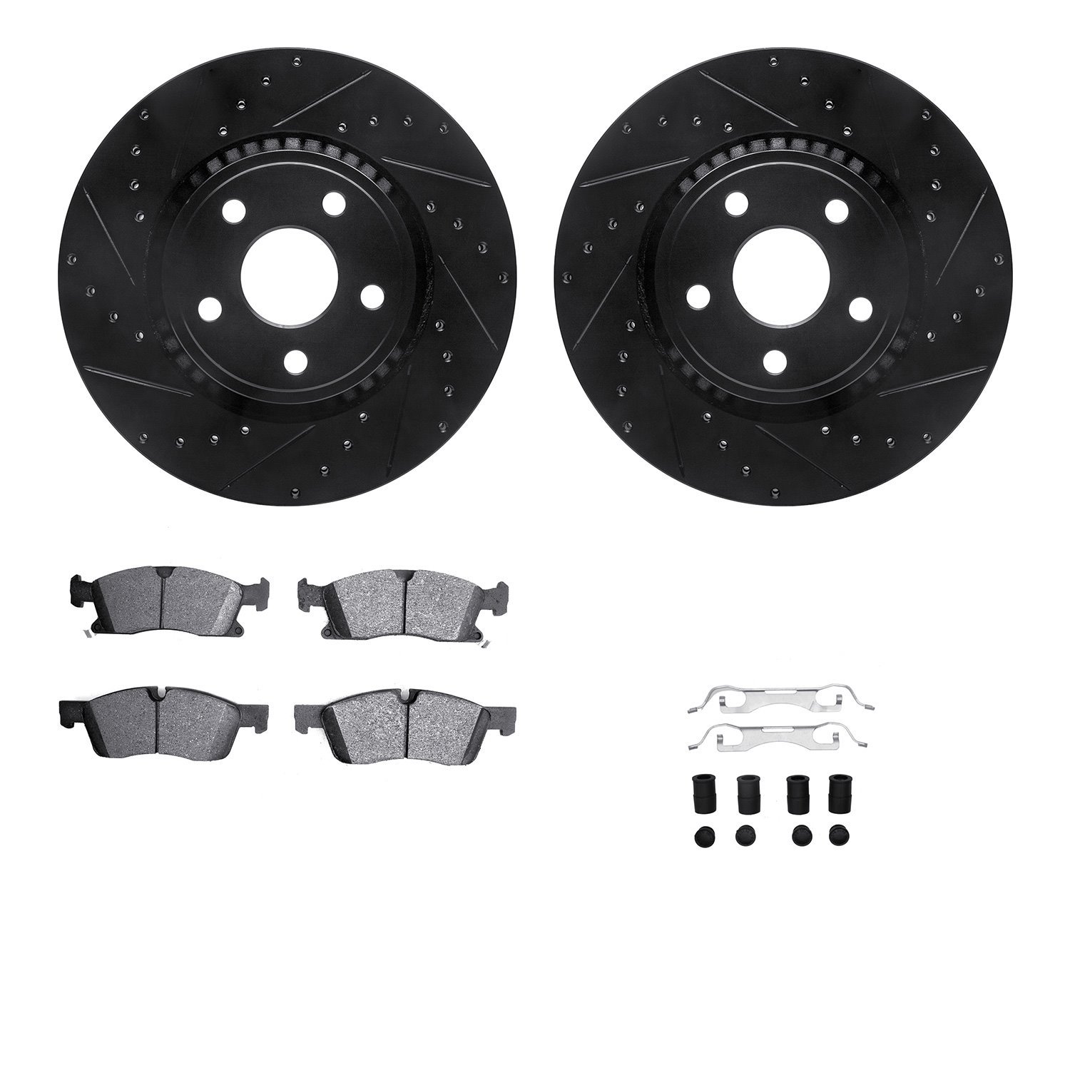 8212-42004 Drilled/Slotted Rotors w/Heavy-Duty Brake Pads Kit & Hardware [Black], Fits Select Mopar, Position: Front