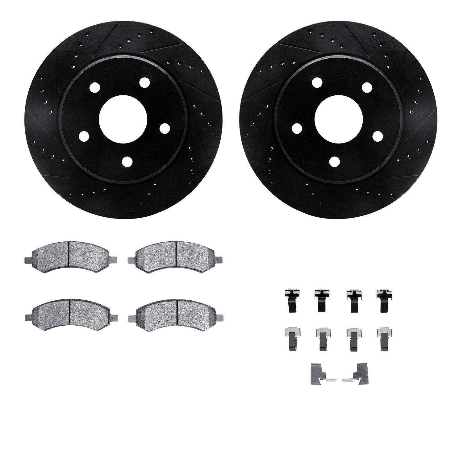 8212-42069 Drilled/Slotted Rotors w/Heavy-Duty Brake Pads Kit & Hardware [Black], 2008-2012 Mopar, Position: Front