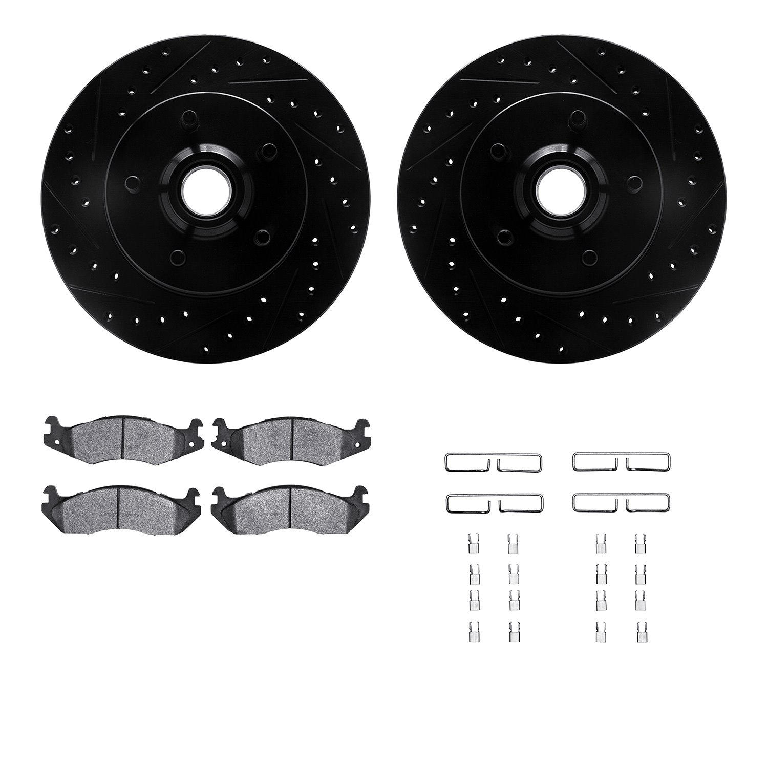 8212-42084 Drilled/Slotted Rotors w/Heavy-Duty Brake Pads Kit & Hardware [Black], 1986-1992 Mopar, Position: Front