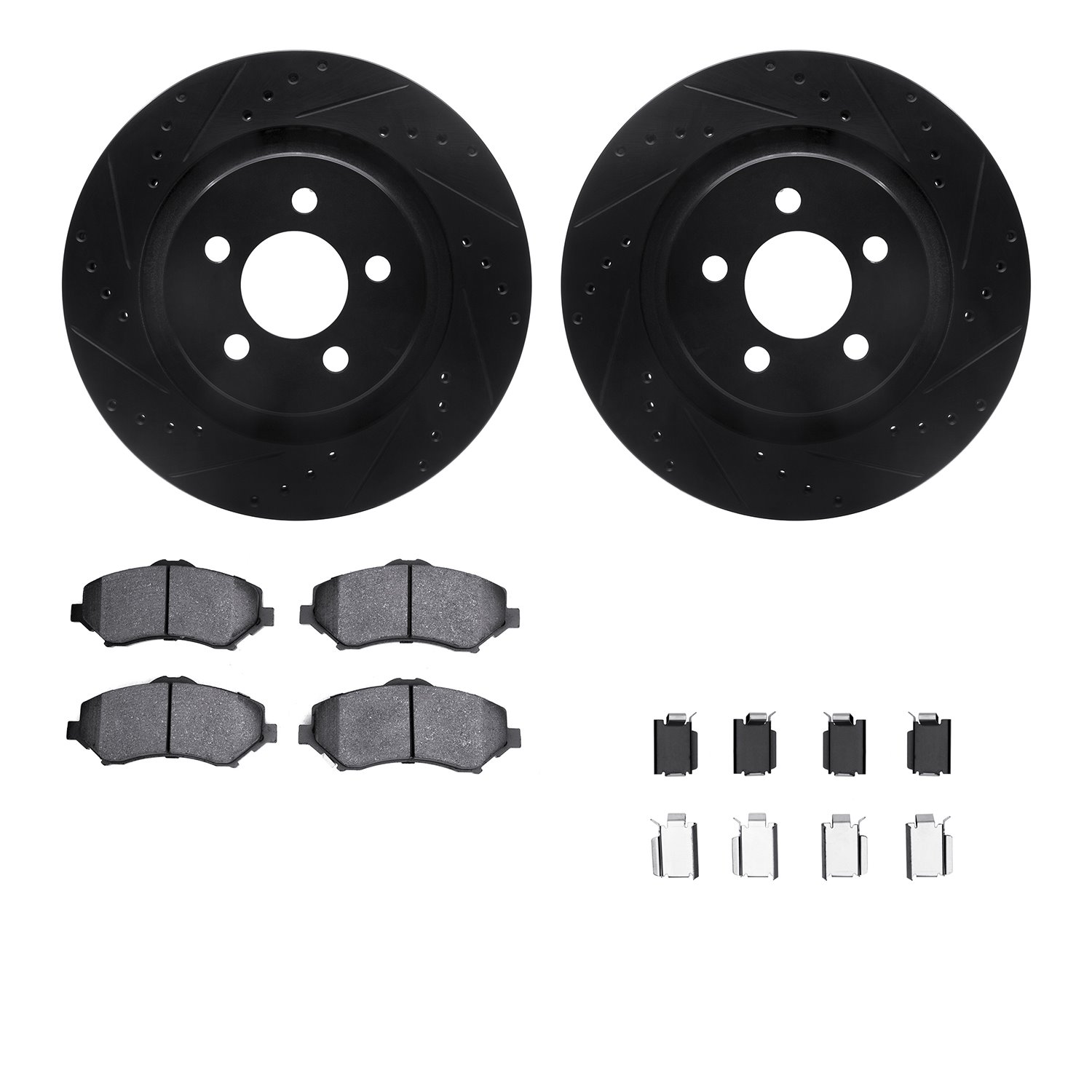 8212-42088 Drilled/Slotted Rotors w/Heavy-Duty Brake Pads Kit & Hardware [Black], 2011-2012 Mopar, Position: Front