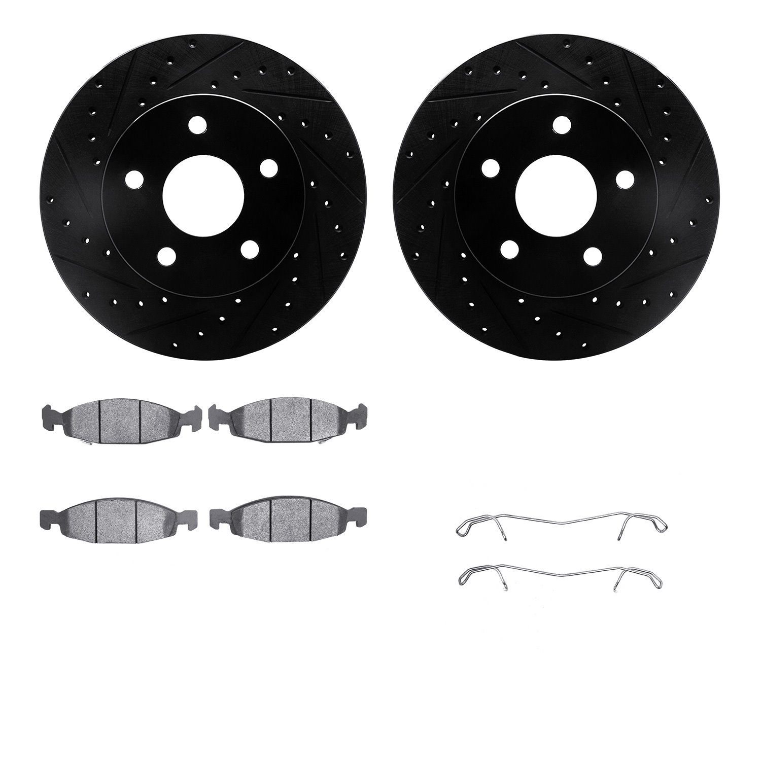 8212-42095 Drilled/Slotted Rotors w/Heavy-Duty Brake Pads Kit & Hardware [Black], 1999-2002 Mopar, Position: Front