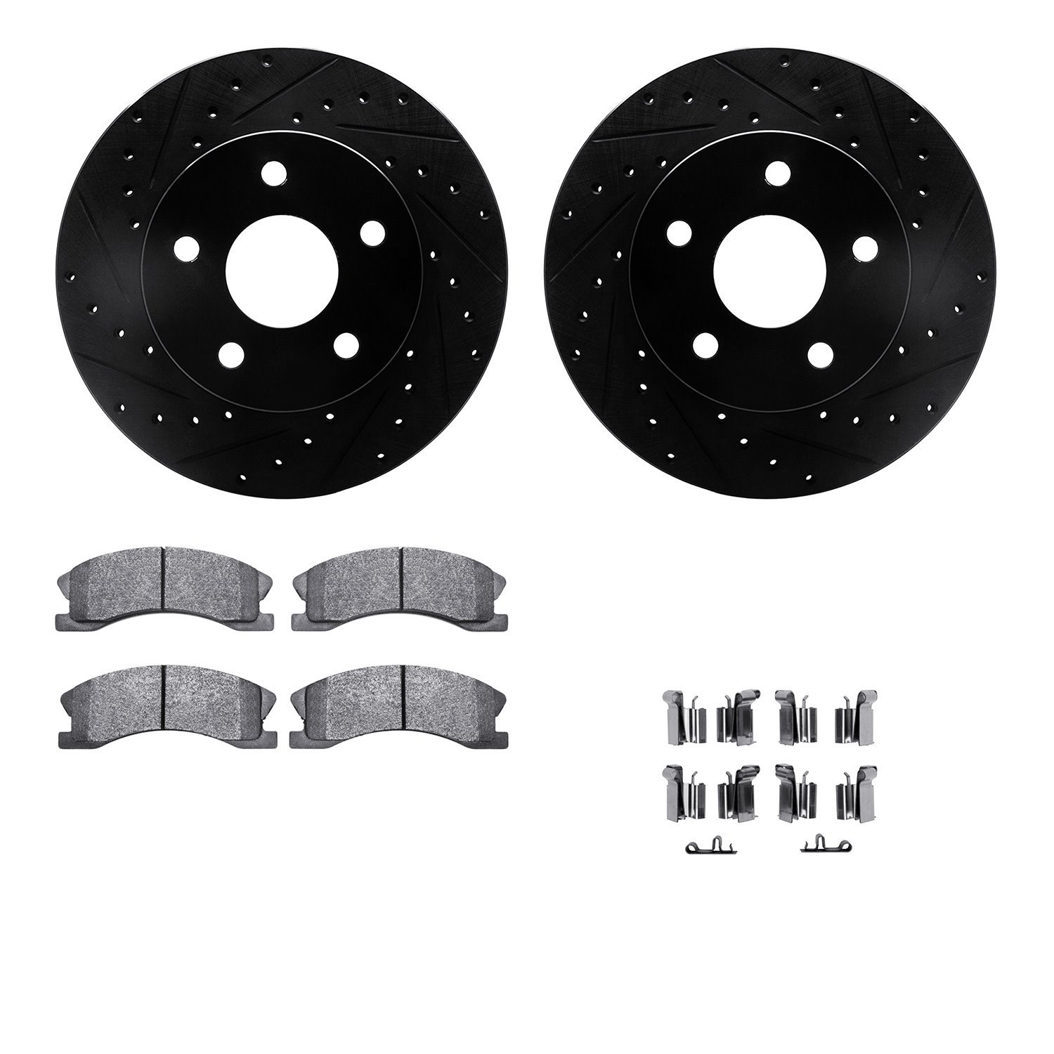 8212-42096 Drilled/Slotted Rotors w/Heavy-Duty Brake Pads Kit & Hardware [Black], 1999-2004 Mopar, Position: Front