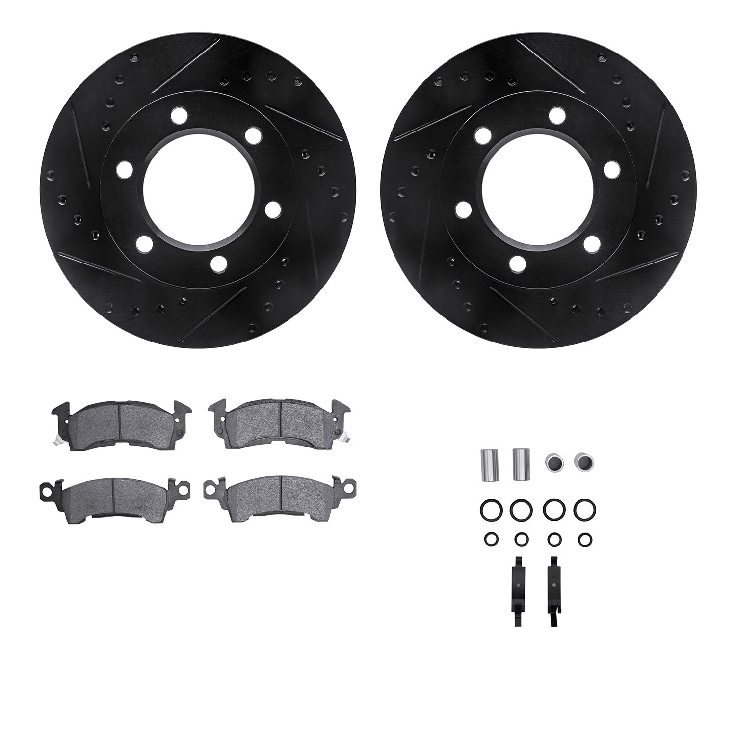 8212-42105 Drilled/Slotted Rotors w/Heavy-Duty Brake Pads Kit & Hardware [Black], 1971-1973 GM, Position: Front