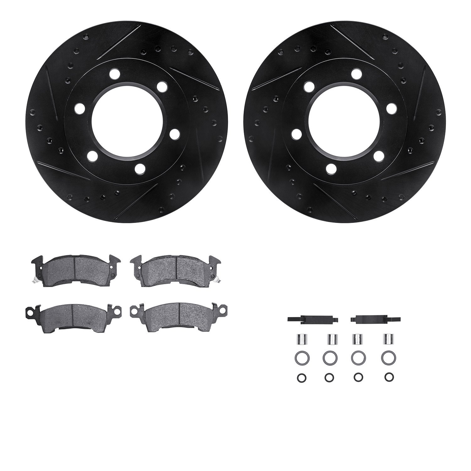 8212-42106 Drilled/Slotted Rotors w/Heavy-Duty Brake Pads Kit & Hardware [Black], 1971-1991 Multiple Makes/Models, Position: Fro