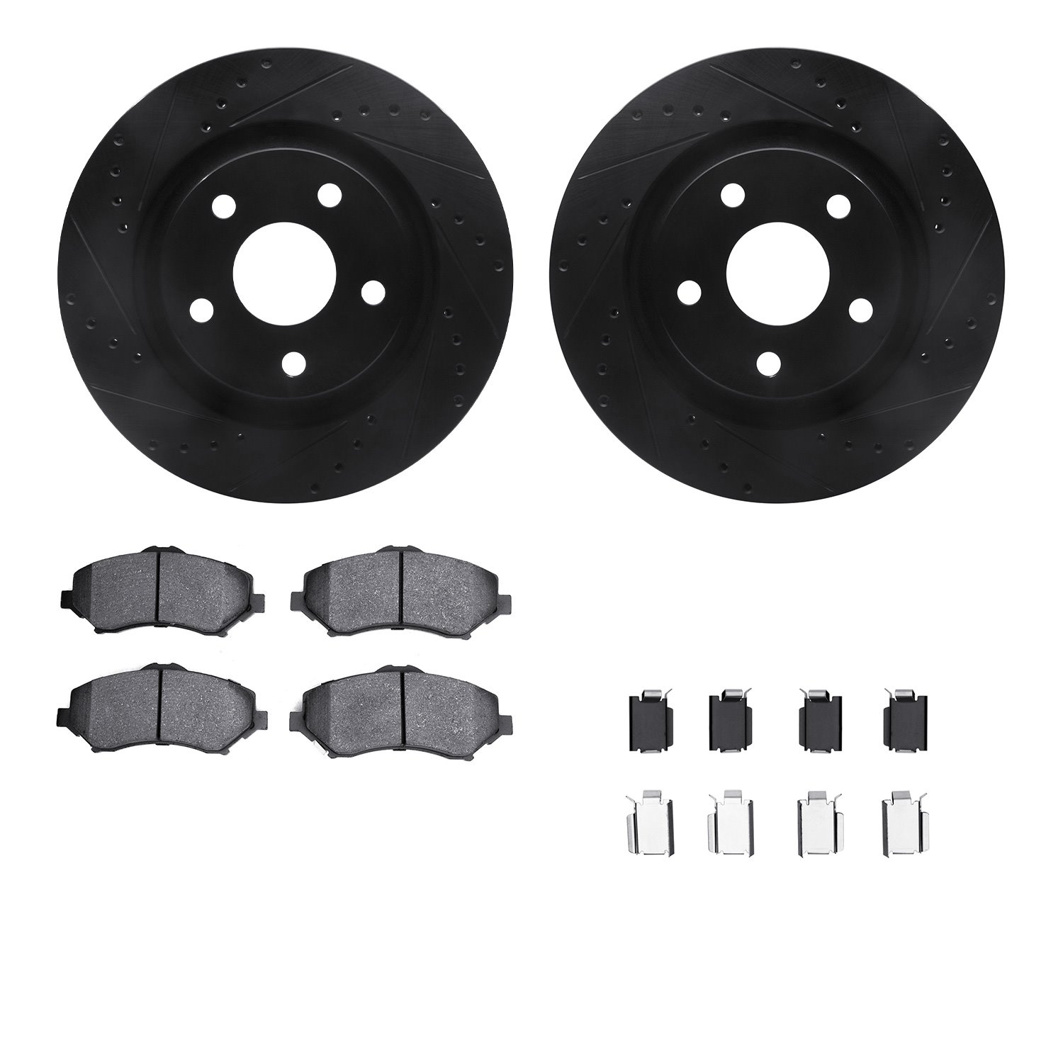8212-42109 Drilled/Slotted Rotors w/Heavy-Duty Brake Pads Kit & Hardware [Black], 2012-2018 Mopar, Position: Front