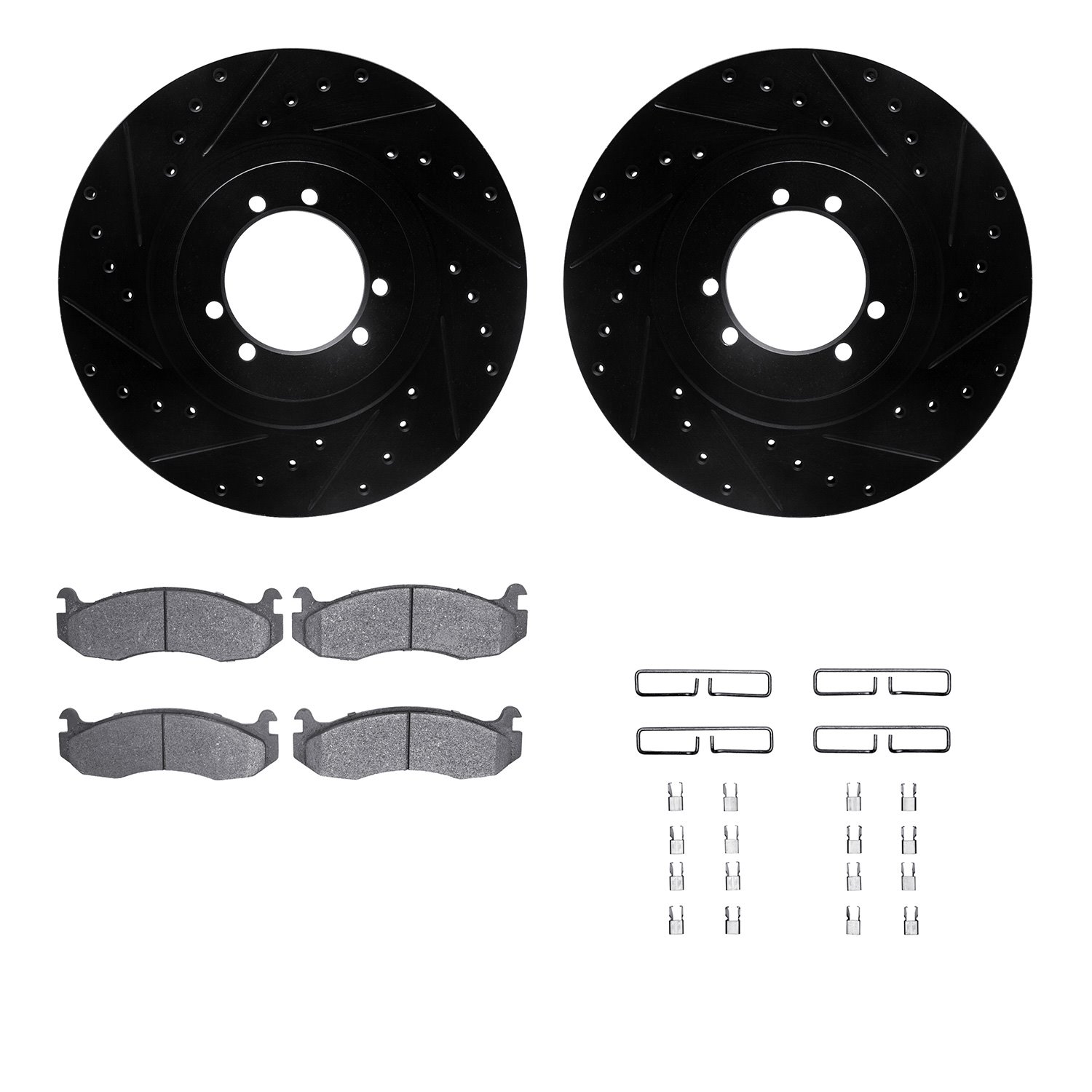 8212-44003 Drilled/Slotted Rotors w/Heavy-Duty Brake Pads Kit & Hardware [Black], 1996-2006 Mopar, Position: Front