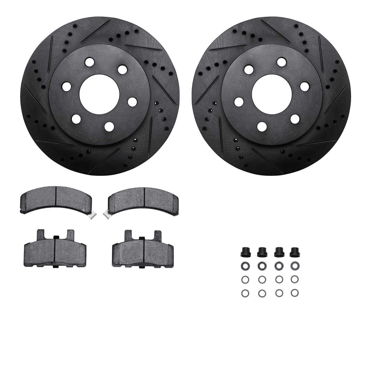 8212-46015 Drilled/Slotted Rotors w/Heavy-Duty Brake Pads Kit & Hardware [Black], 1998-1999 GM, Position: Front