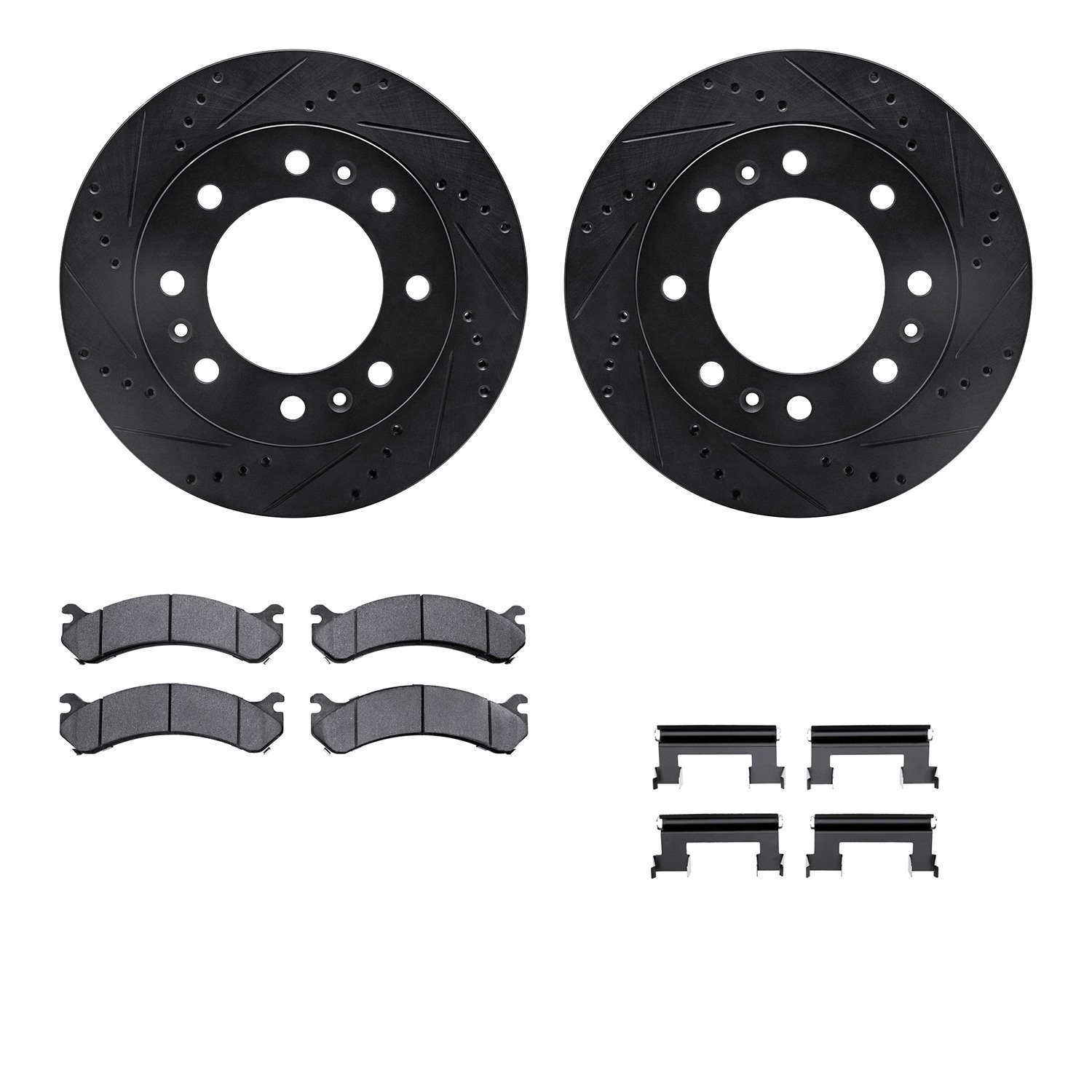 8212-46049 Drilled/Slotted Rotors w/Heavy-Duty Brake Pads Kit & Hardware [Black], 2006-2011 GM, Position: Front