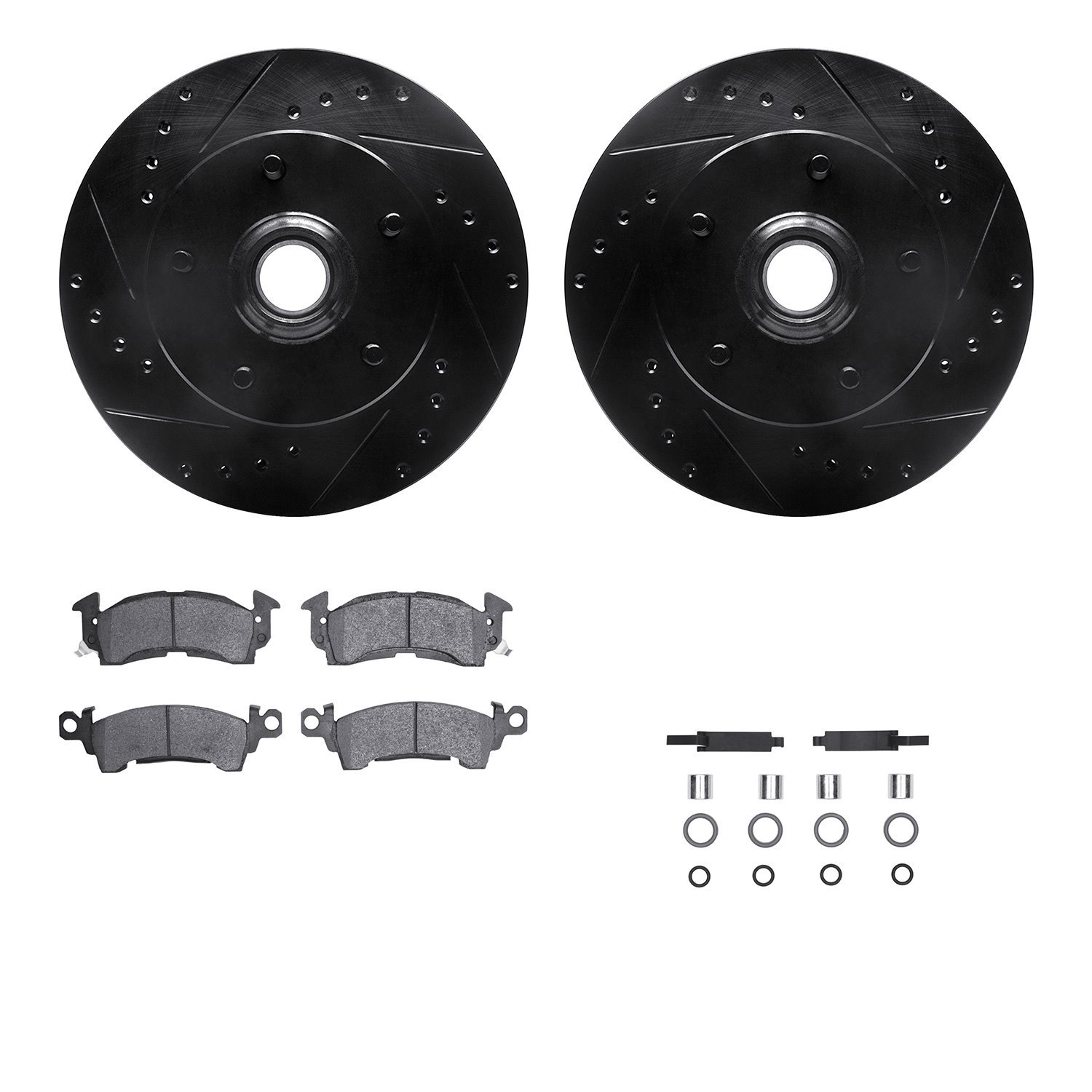 8212-47011 Drilled/Slotted Rotors w/Heavy-Duty Brake Pads Kit & Hardware [Black], 1969-1974 GM, Position: Front