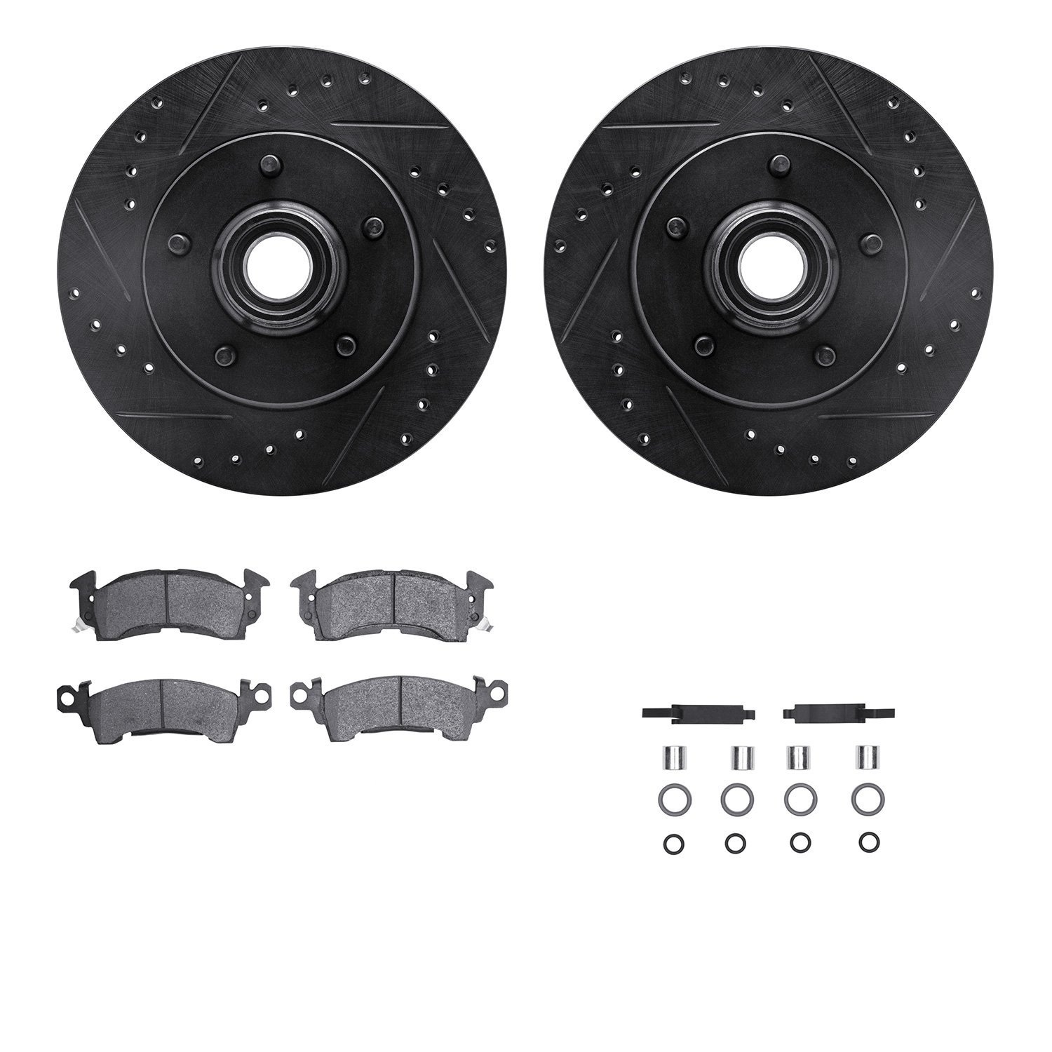 8212-47017 Drilled/Slotted Rotors w/Heavy-Duty Brake Pads Kit & Hardware [Black], 1970-1981 GM, Position: Front