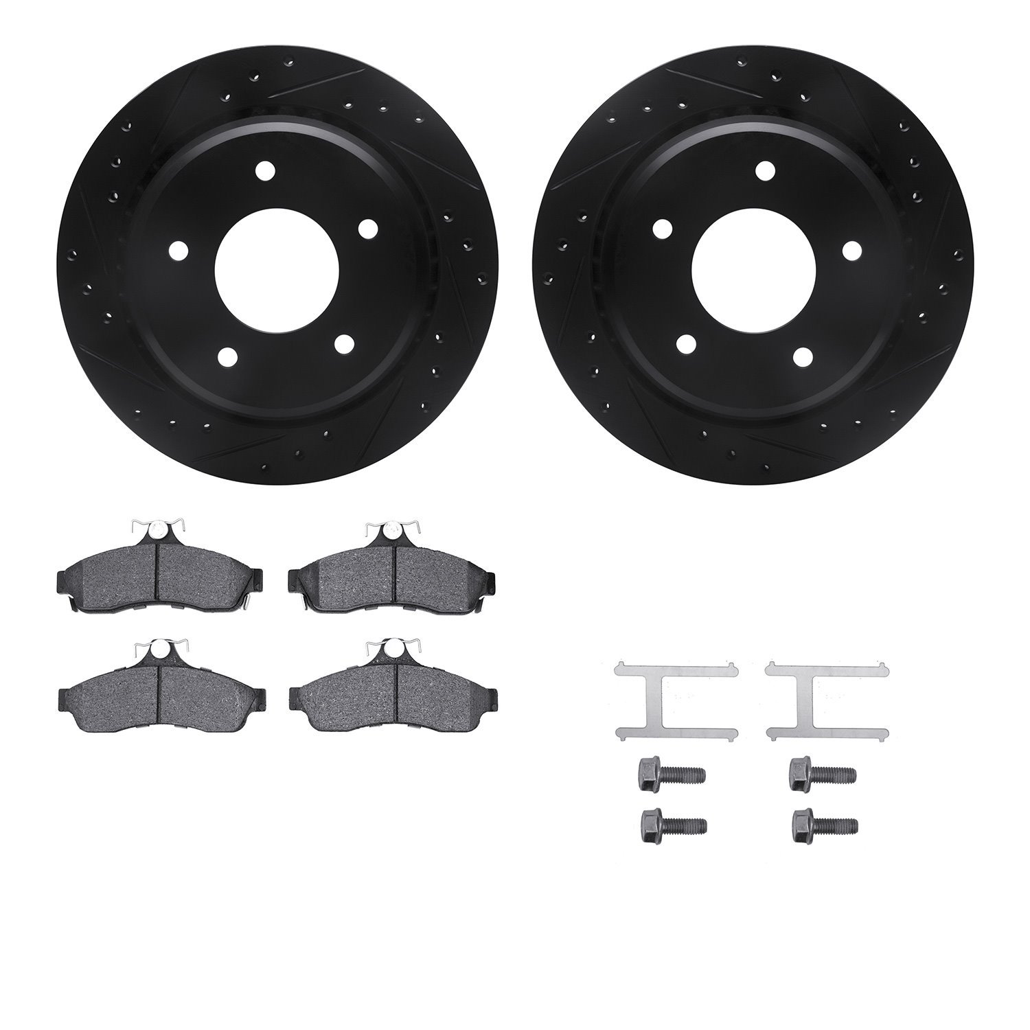 8212-47052 Drilled/Slotted Rotors w/Heavy-Duty Brake Pads Kit & Hardware [Black], 1994-1996 GM, Position: Rear