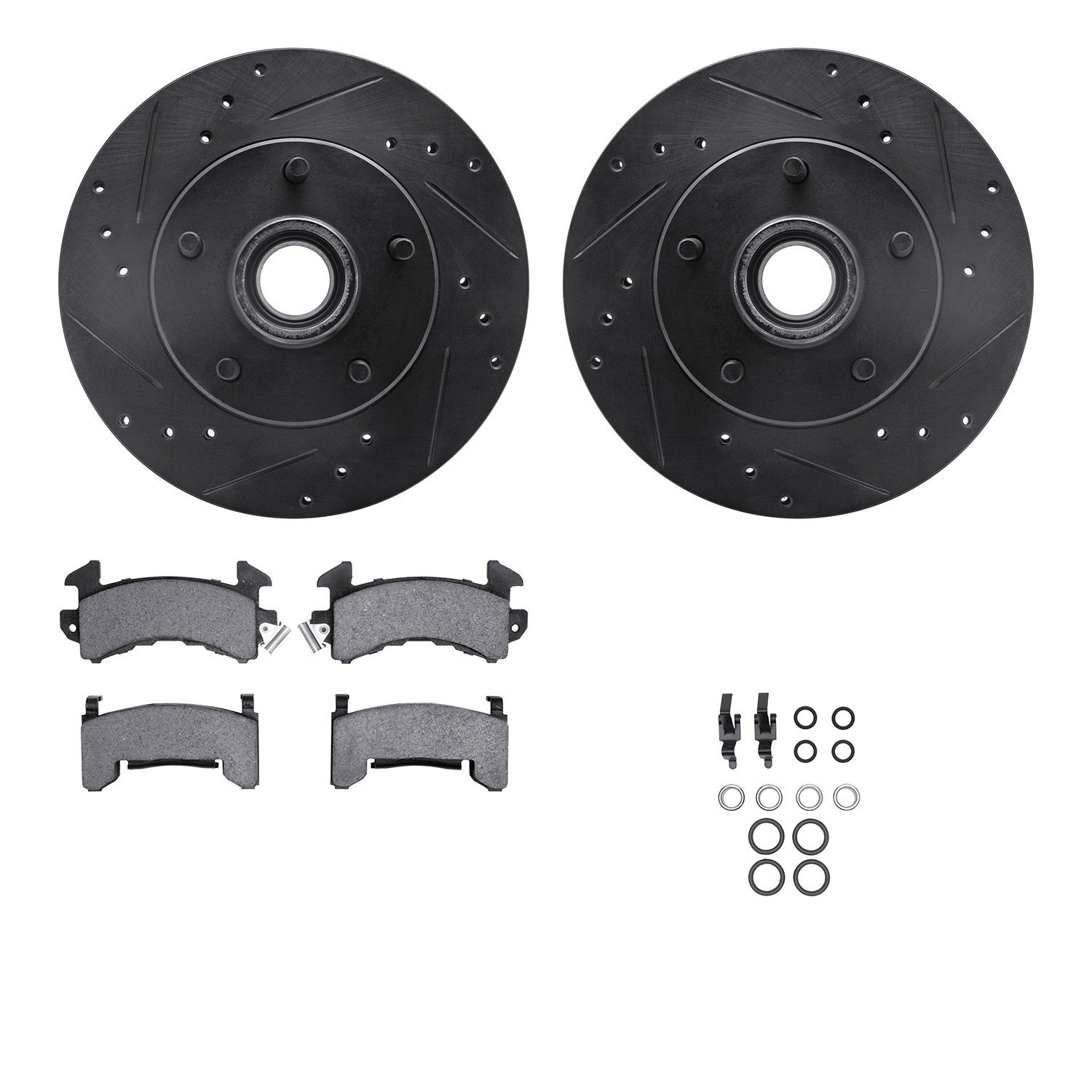 8212-47099 Drilled/Slotted Rotors w/Heavy-Duty Brake Pads Kit & Hardware [Black], 1982-1995 GM, Position: Front