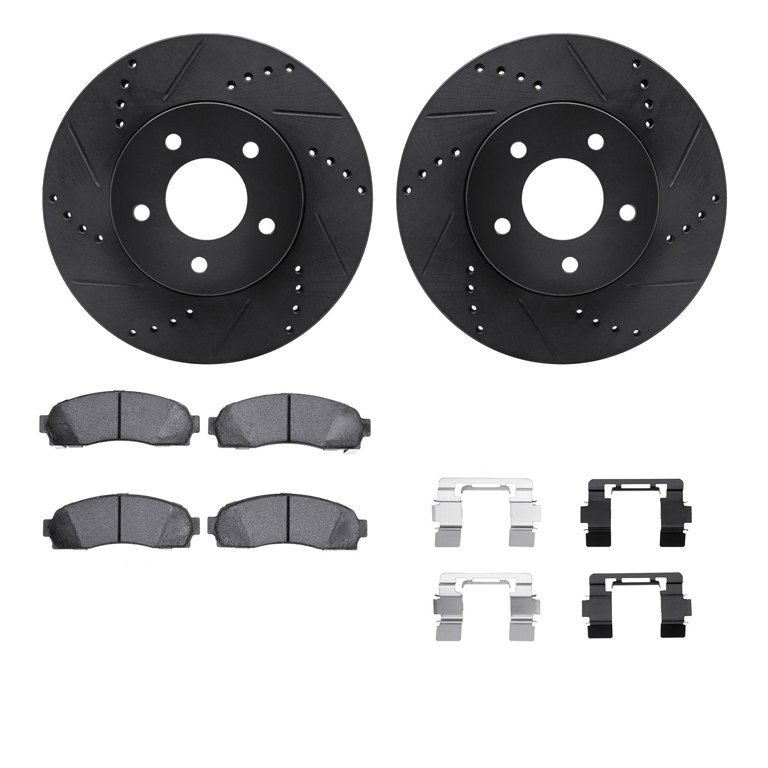 8212-47101 Drilled/Slotted Rotors w/Heavy-Duty Brake Pads Kit & Hardware [Black], 2002-2007 GM, Position: Front