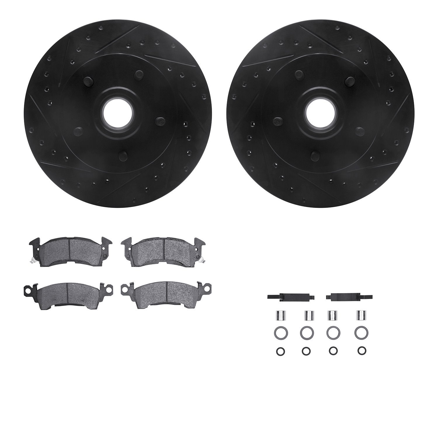 8212-47103 Drilled/Slotted Rotors w/Heavy-Duty Brake Pads Kit & Hardware [Black], 1969-1996 GM, Position: Front