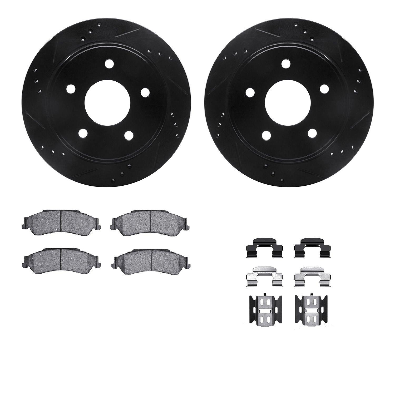 8212-48001 Drilled/Slotted Rotors w/Heavy-Duty Brake Pads Kit & Hardware [Black], 1997-2005 GM, Position: Rear