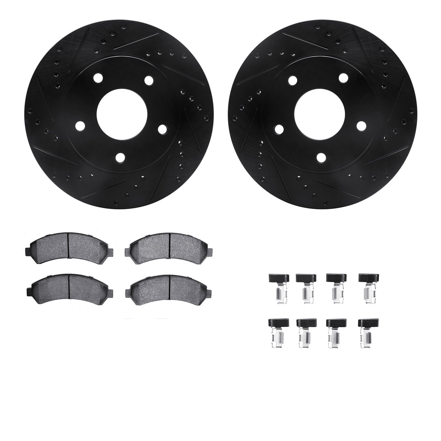 8212-48002 Drilled/Slotted Rotors w/Heavy-Duty Brake Pads Kit & Hardware [Black], 1997-2005 GM, Position: Front