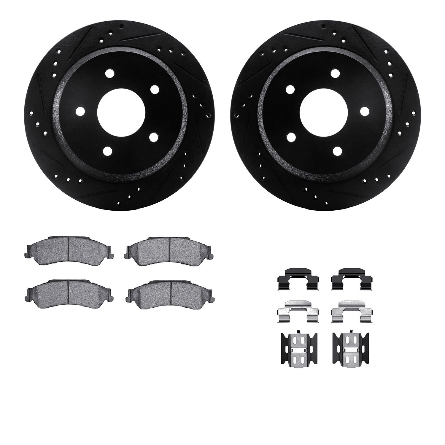 8212-48003 Drilled/Slotted Rotors w/Heavy-Duty Brake Pads Kit & Hardware [Black], 1998-2005 GM, Position: Rear
