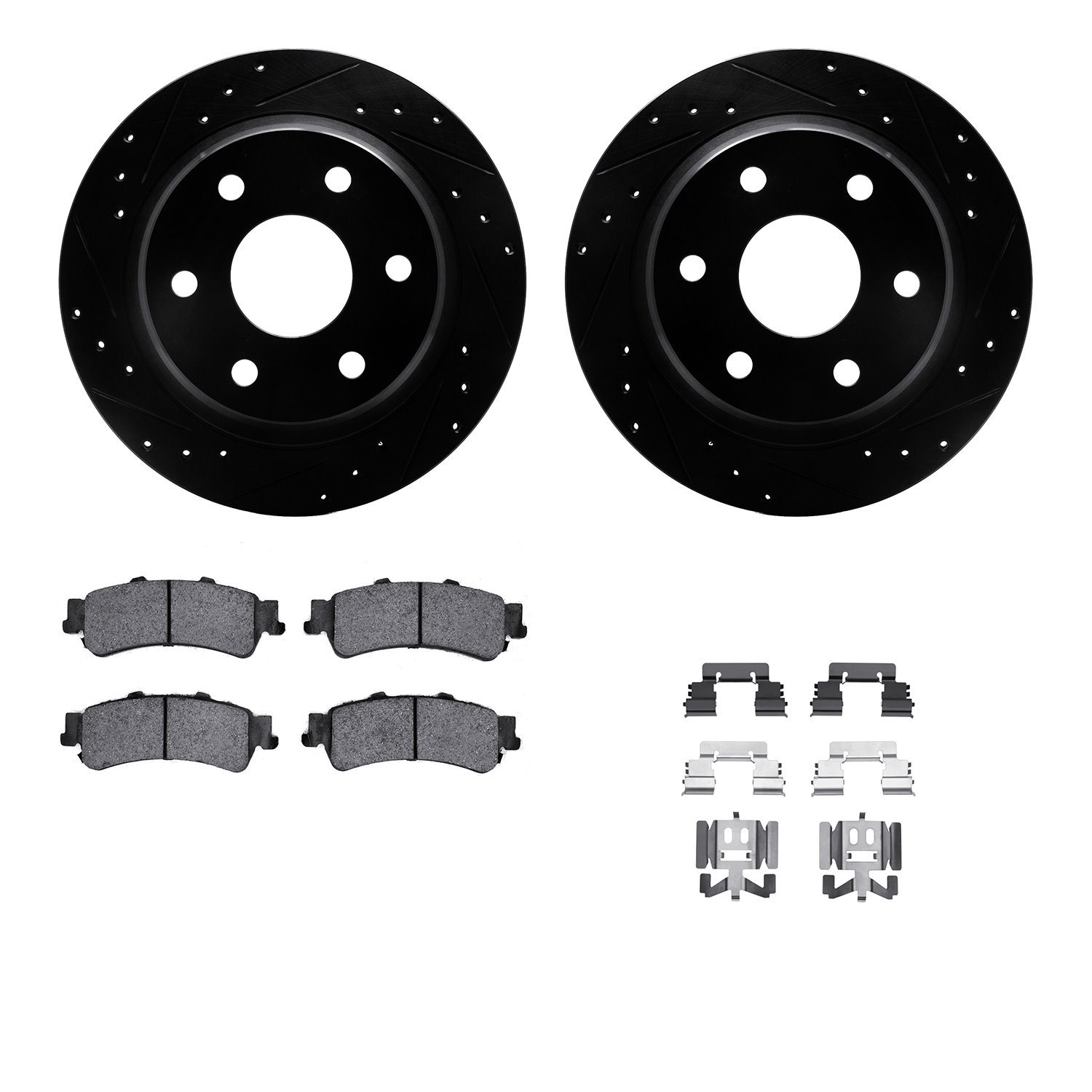 8212-48009 Drilled/Slotted Rotors w/Heavy-Duty Brake Pads Kit & Hardware [Black], 1999-2007 GM, Position: Rear