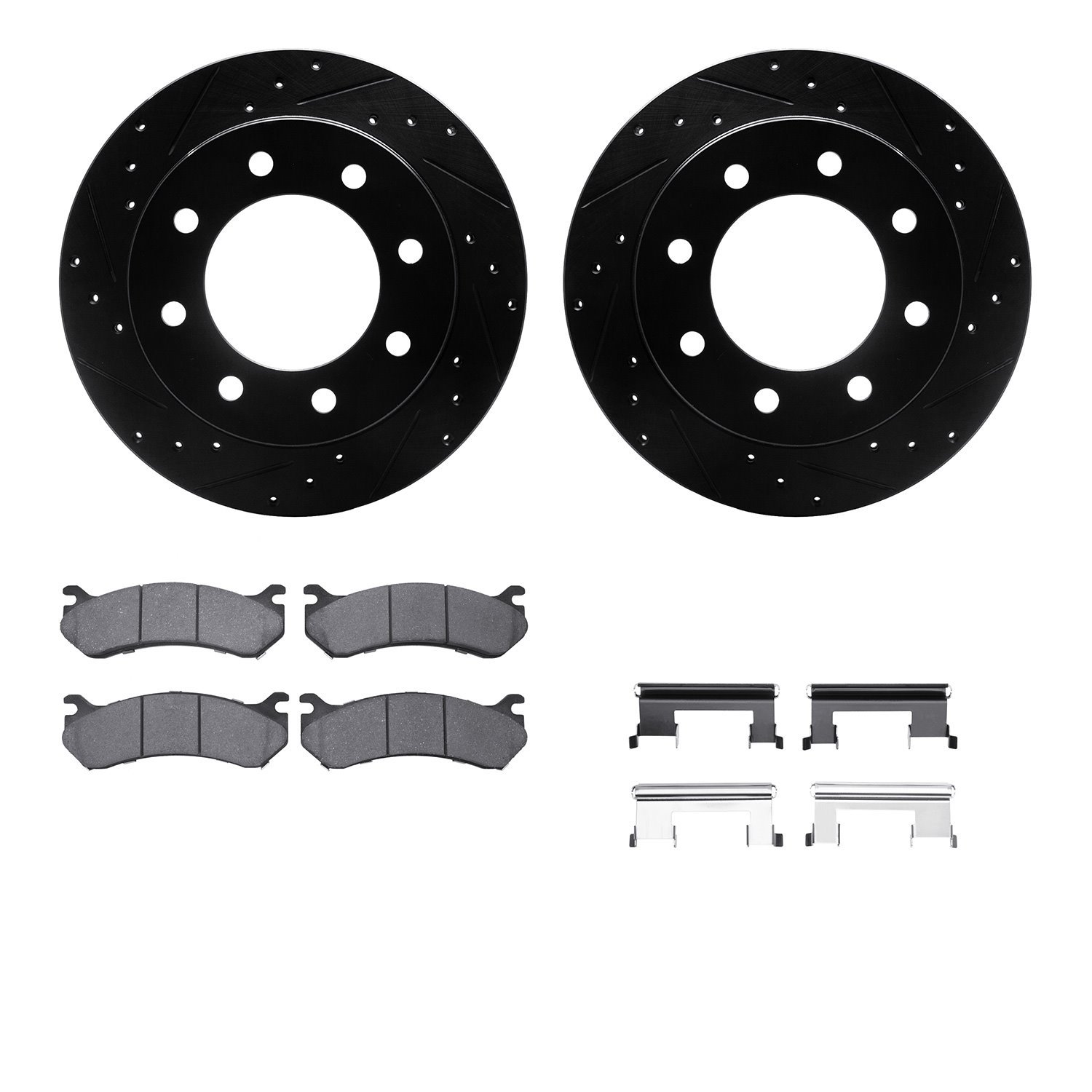 8212-48010 Drilled/Slotted Rotors w/Heavy-Duty Brake Pads Kit & Hardware [Black], 1999-2009 GM, Position: Rear