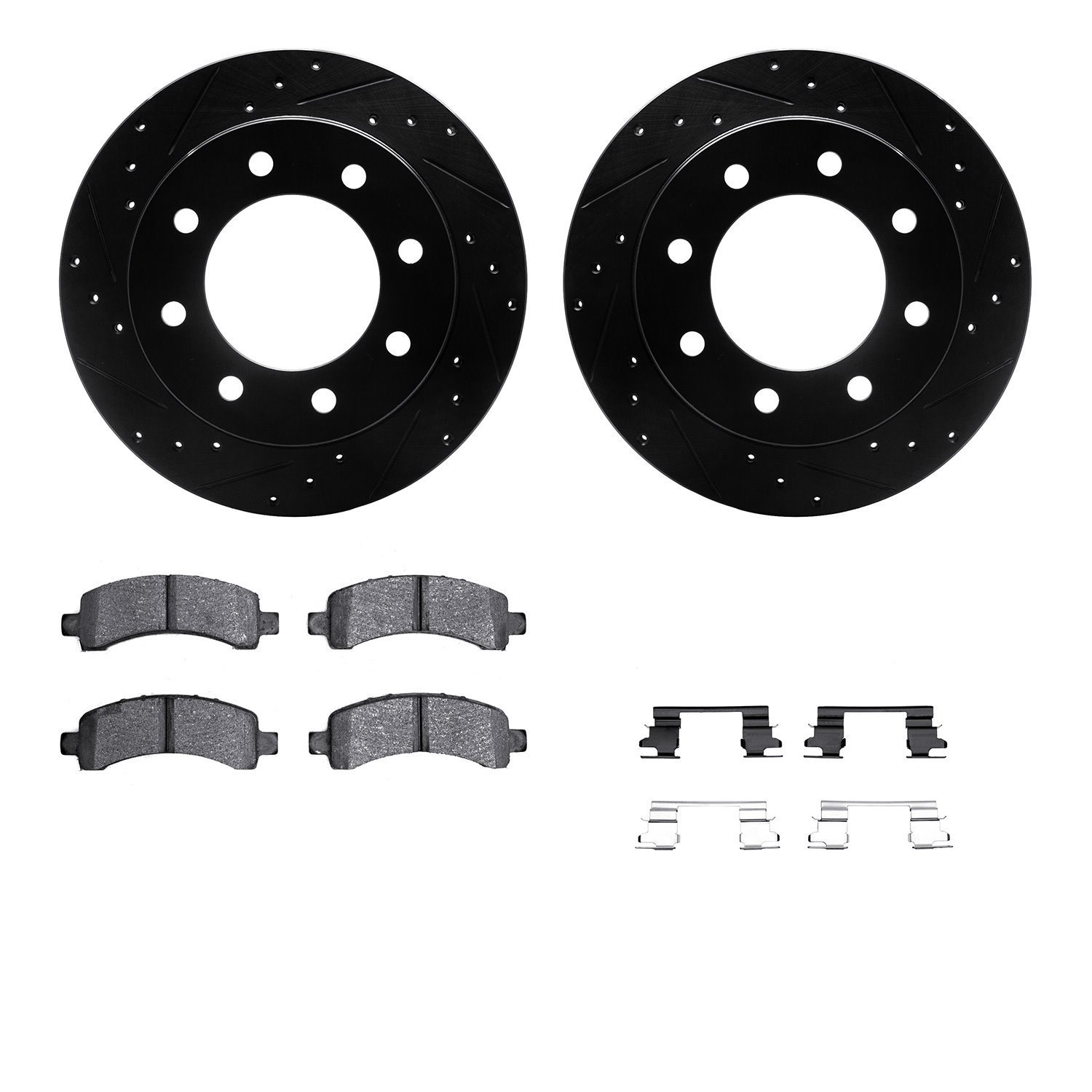 8212-48011 Drilled/Slotted Rotors w/Heavy-Duty Brake Pads Kit & Hardware [Black], 2003-2020 GM, Position: Rear