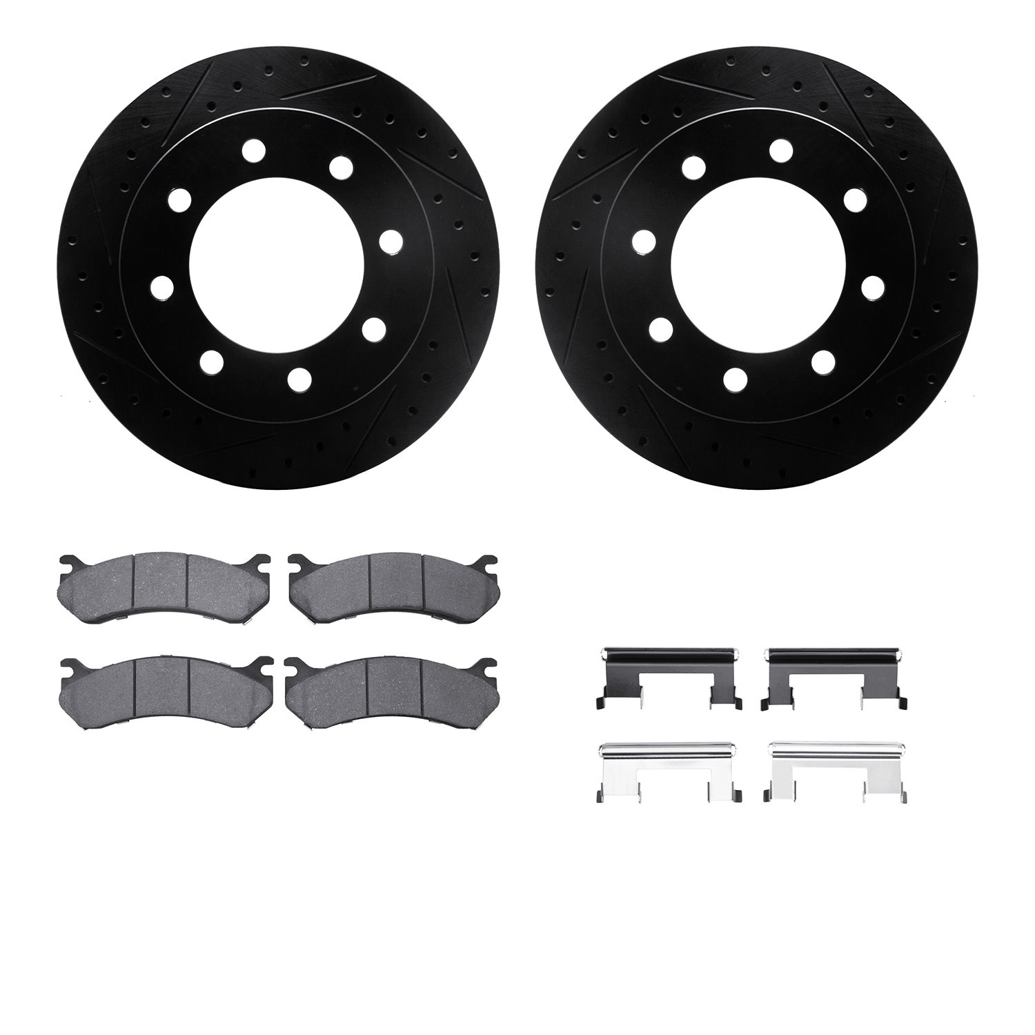 8212-48012 Drilled/Slotted Rotors w/Heavy-Duty Brake Pads Kit & Hardware [Black], 1999-2013 GM, Position: Rear