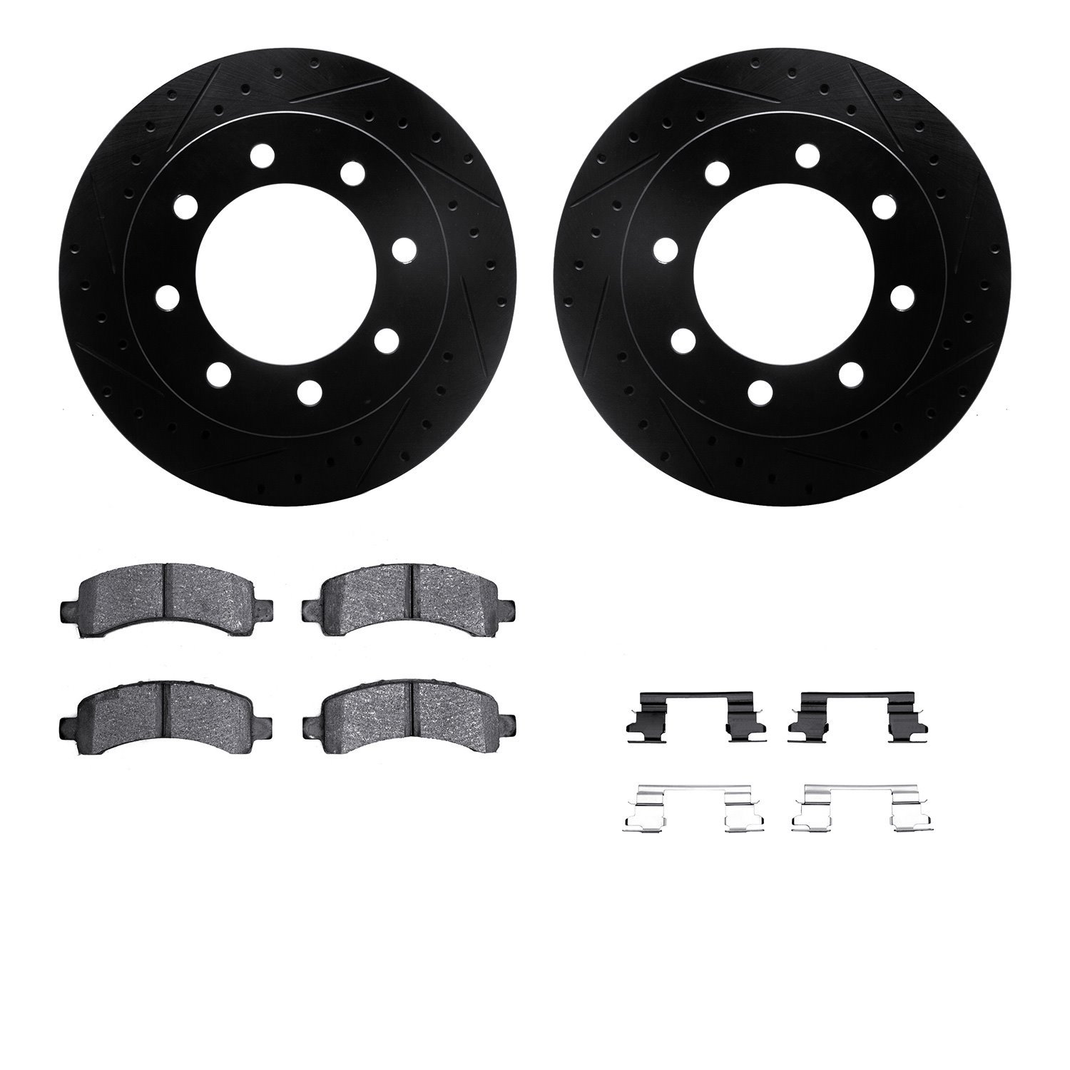 8212-48013 Drilled/Slotted Rotors w/Heavy-Duty Brake Pads Kit & Hardware [Black], 2003-2020 GM, Position: Rear