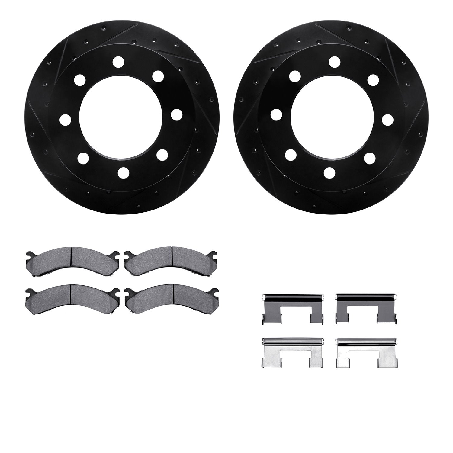 8212-48017 Drilled/Slotted Rotors w/Heavy-Duty Brake Pads Kit & Hardware [Black], 2001-2010 GM, Position: Rear