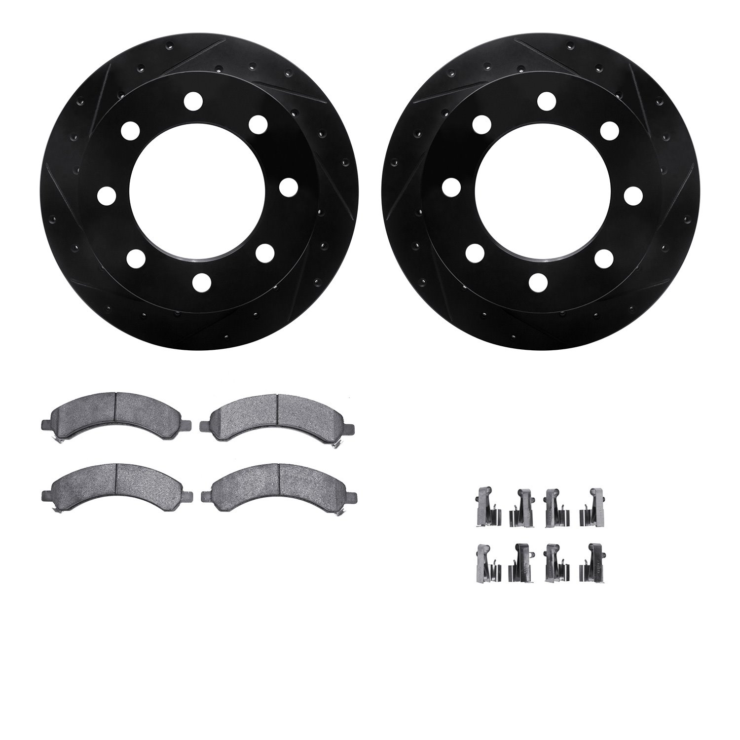 8212-48018 Drilled/Slotted Rotors w/Heavy-Duty Brake Pads Kit & Hardware [Black], 2003-2008 GM, Position: Rear