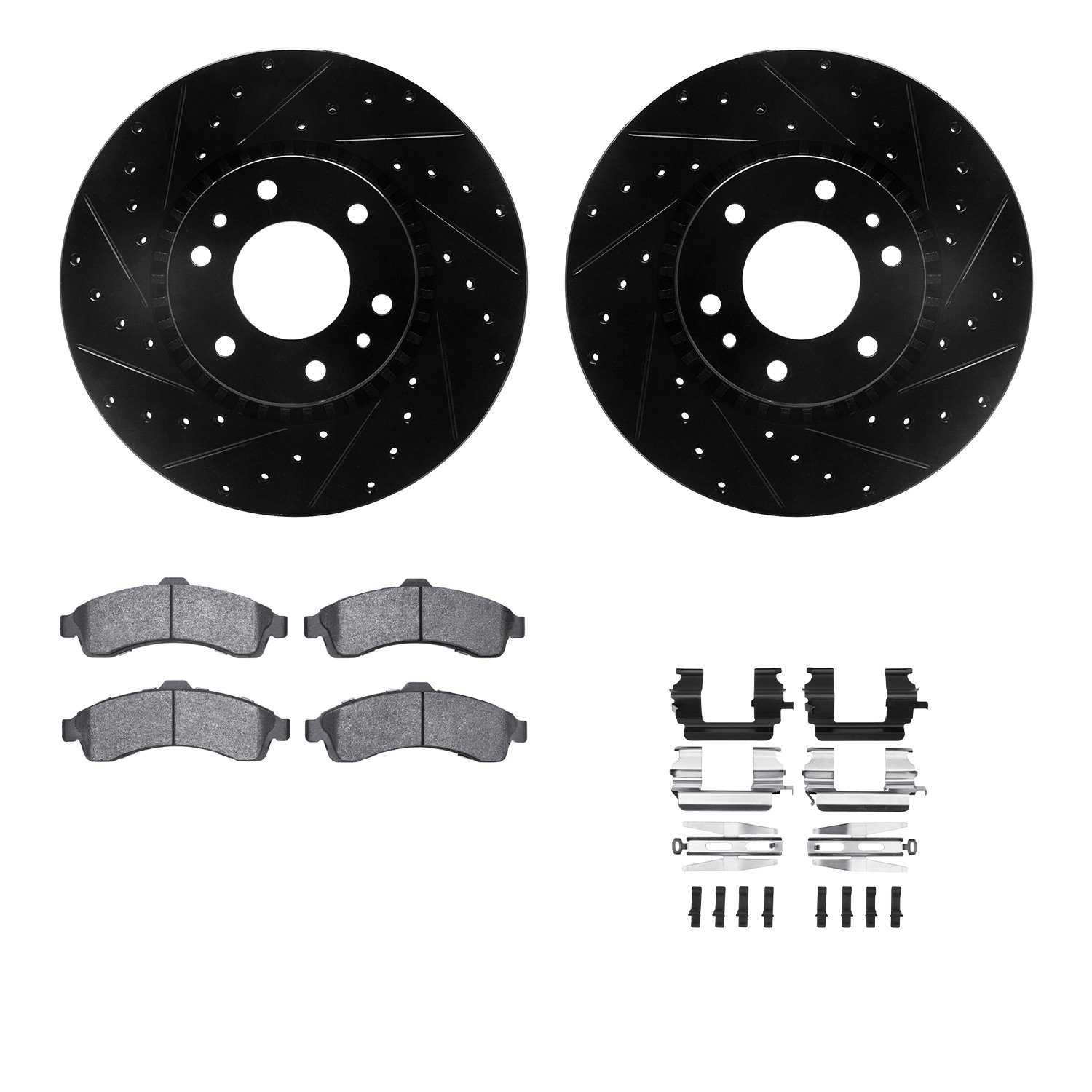 8212-48020 Drilled/Slotted Rotors w/Heavy-Duty Brake Pads Kit & Hardware [Black], 2002-2005 GM, Position: Front