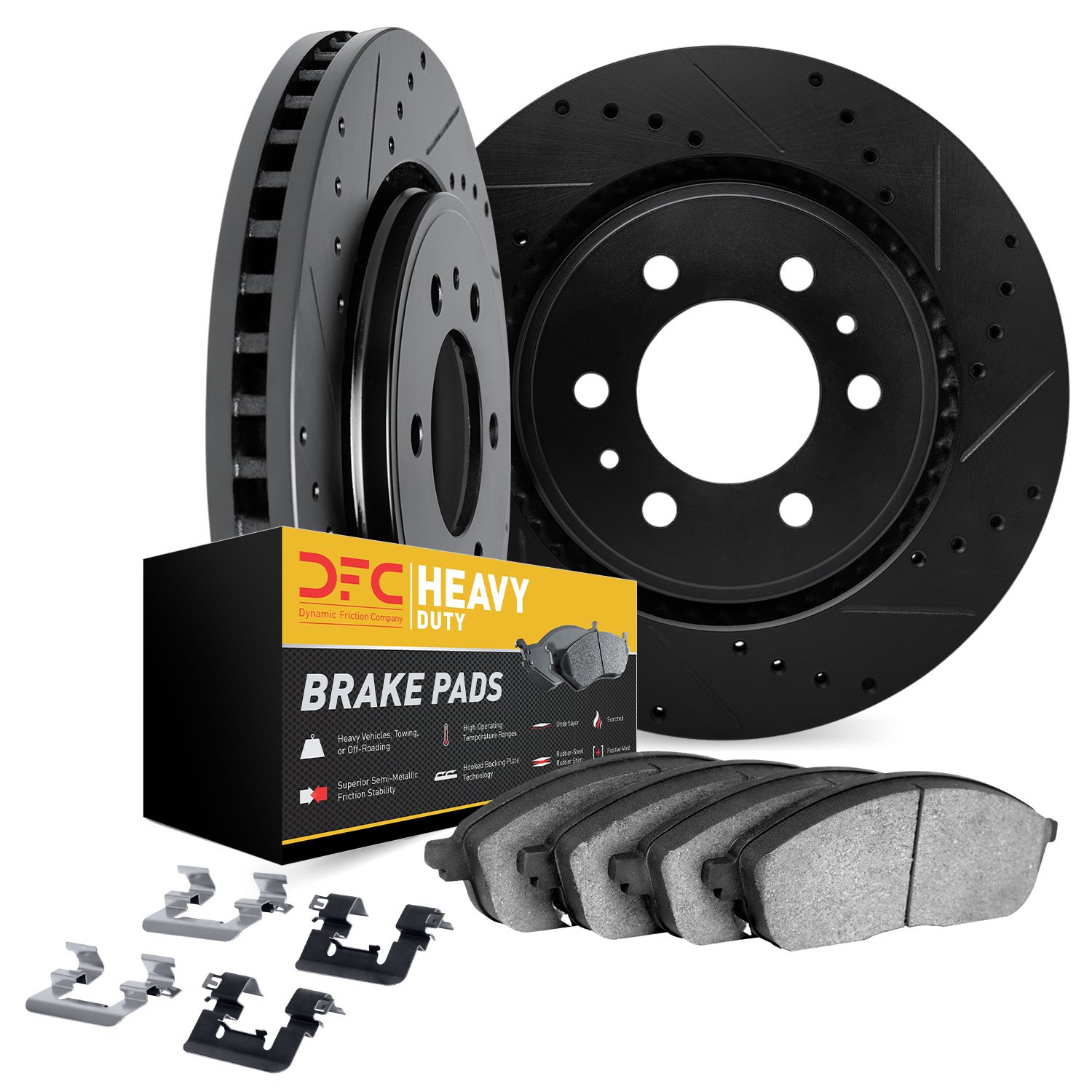 8212-48021 Drilled/Slotted Rotors w/Heavy-Duty Brake Pads Kit & Hardware [Black], 2003-2005 GM, Position: Rear