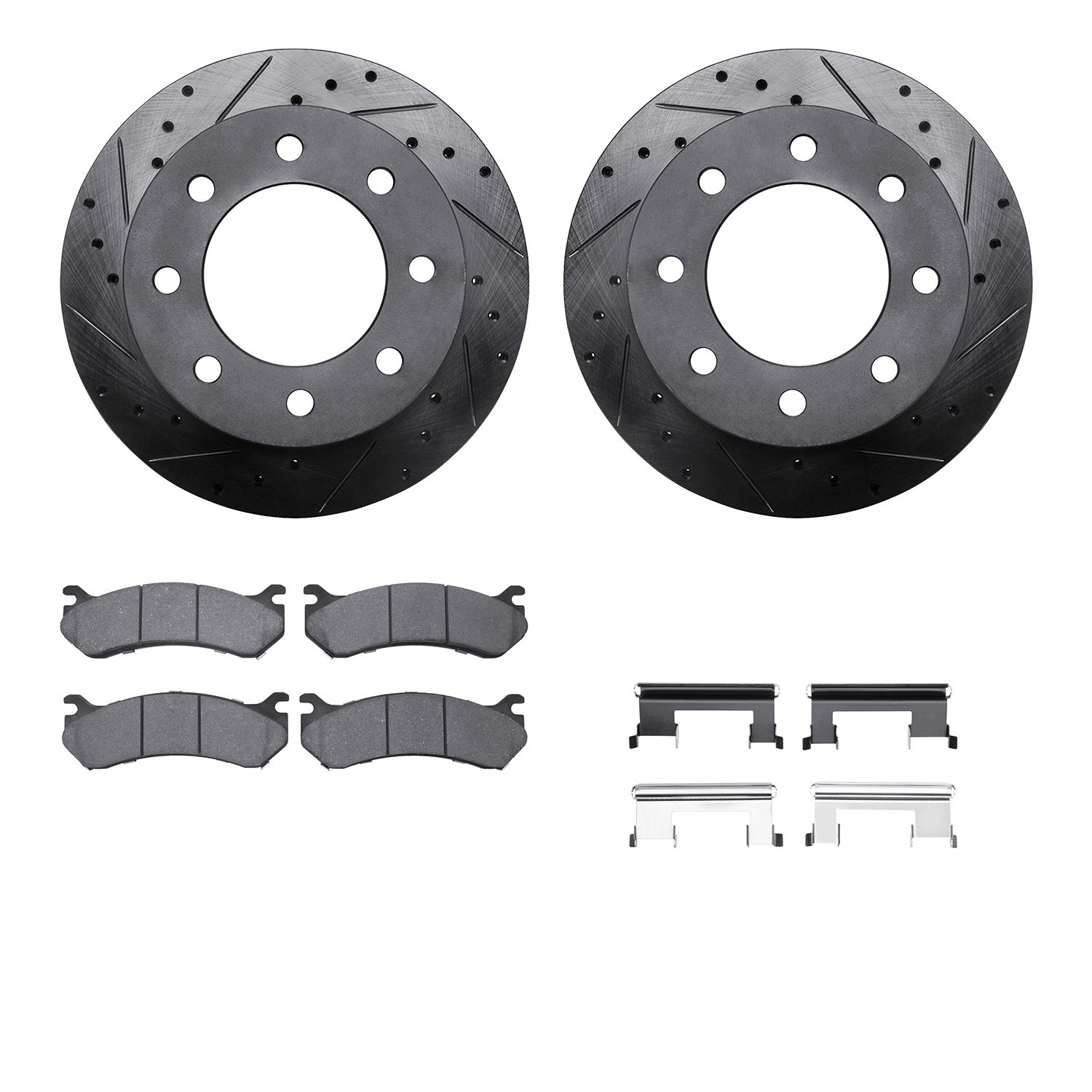 8212-48023 Drilled/Slotted Rotors w/Heavy-Duty Brake Pads Kit & Hardware [Black], 2003-2005 GM, Position: Rear