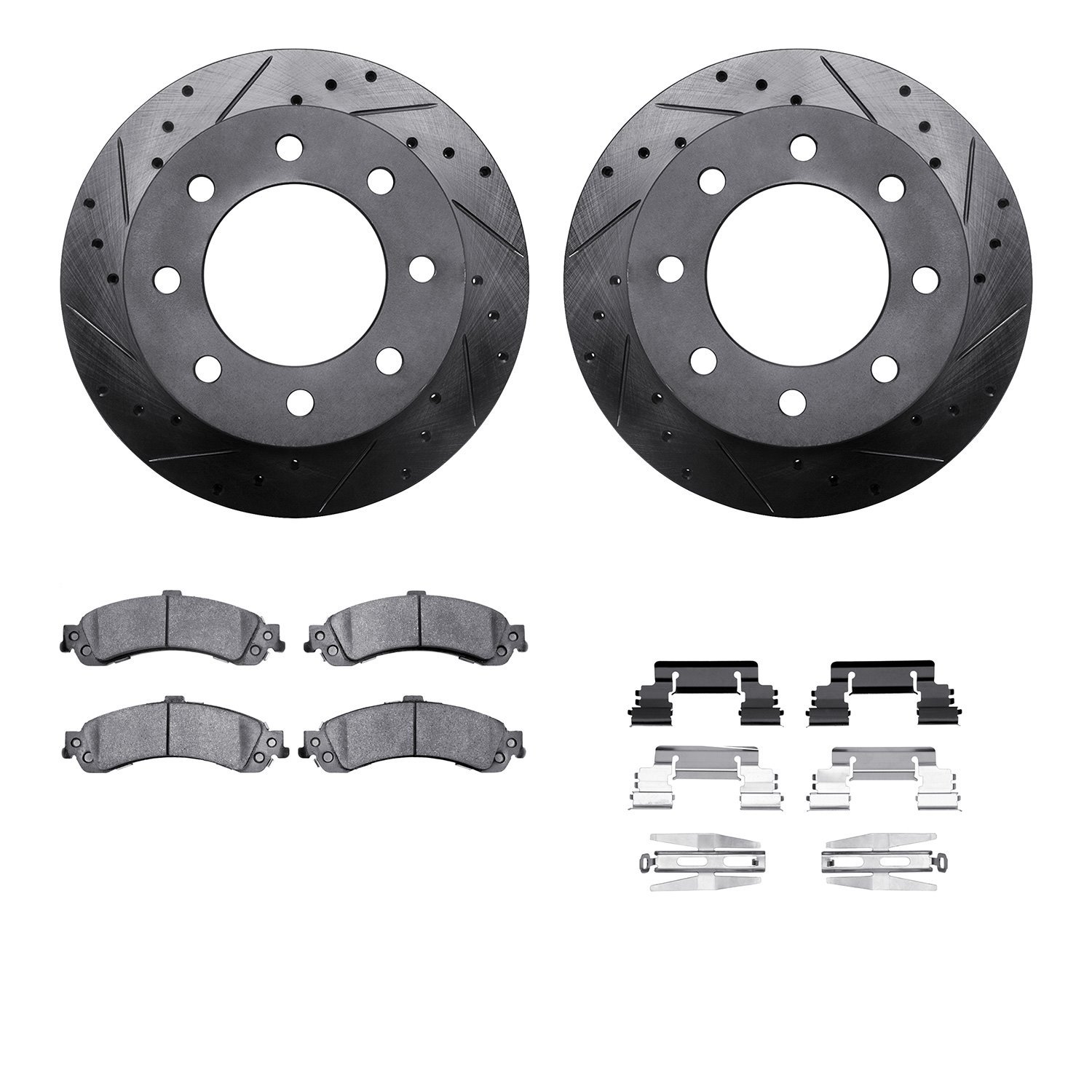 8212-48024 Drilled/Slotted Rotors w/Heavy-Duty Brake Pads Kit & Hardware [Black], 2005-2005 GM, Position: Rear