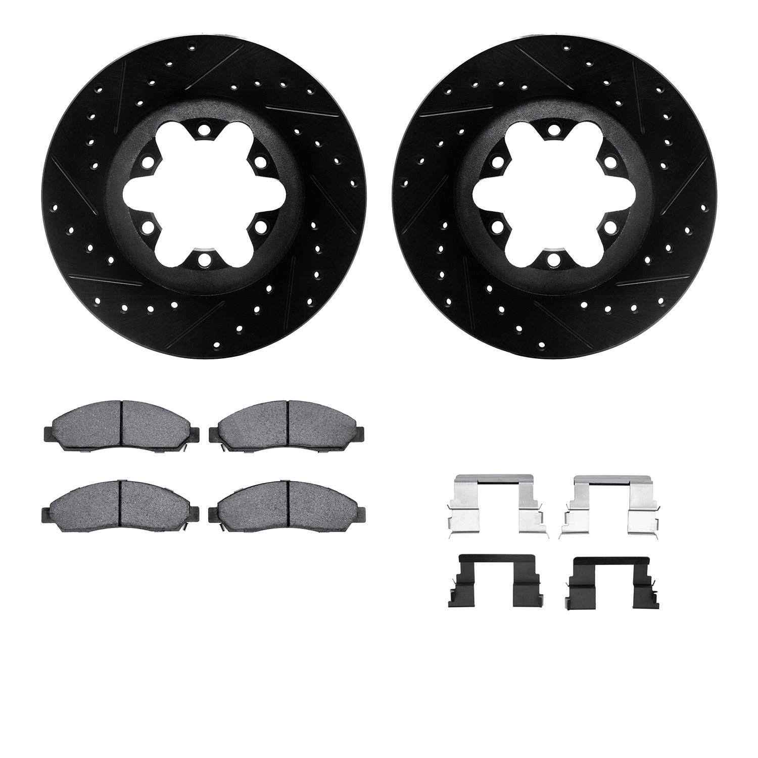 8212-48025 Drilled/Slotted Rotors w/Heavy-Duty Brake Pads Kit & Hardware [Black], 2004-2008 GM, Position: Front