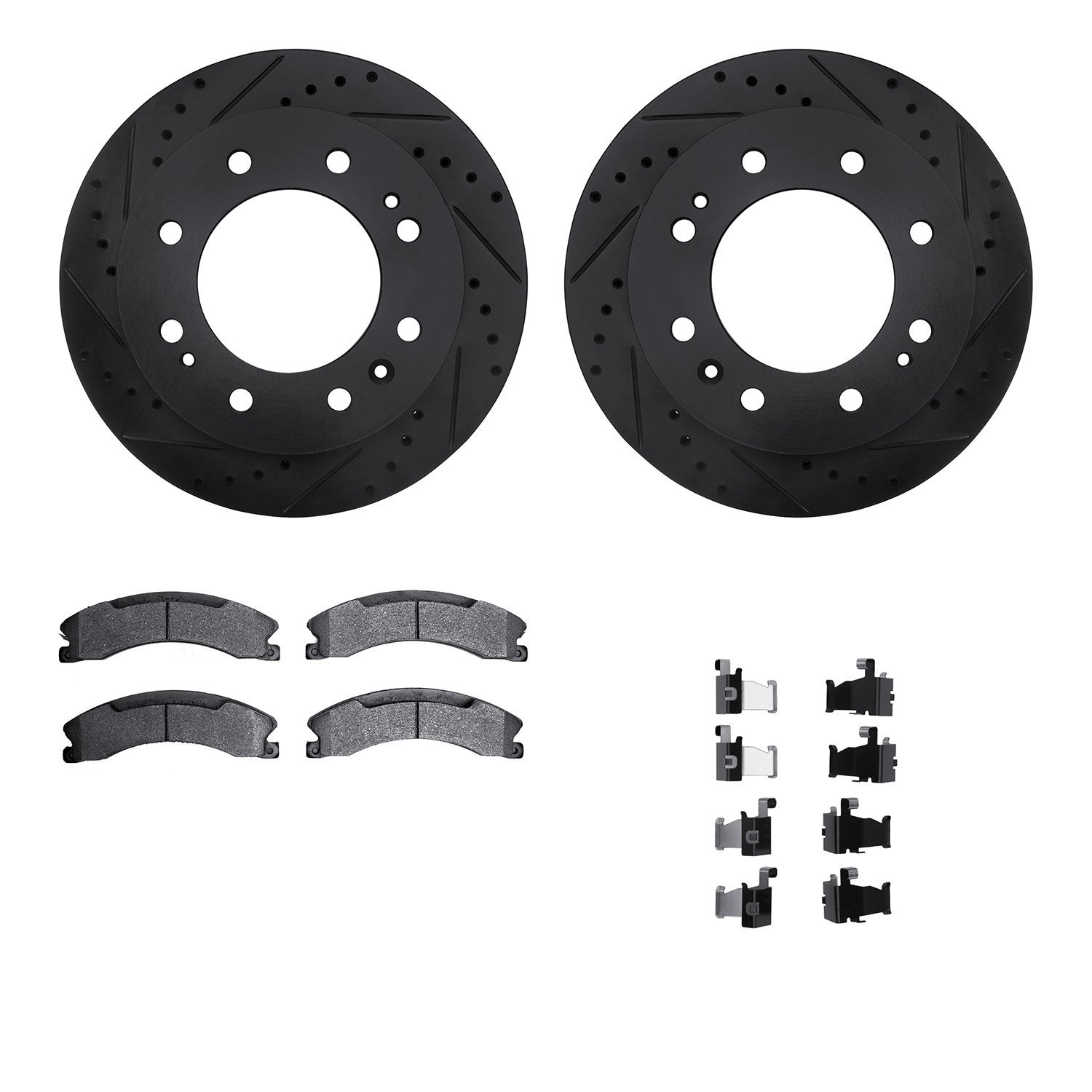 8212-48029 Drilled/Slotted Rotors w/Heavy-Duty Brake Pads Kit & Hardware [Black], 2011-2019 GM, Position: Front