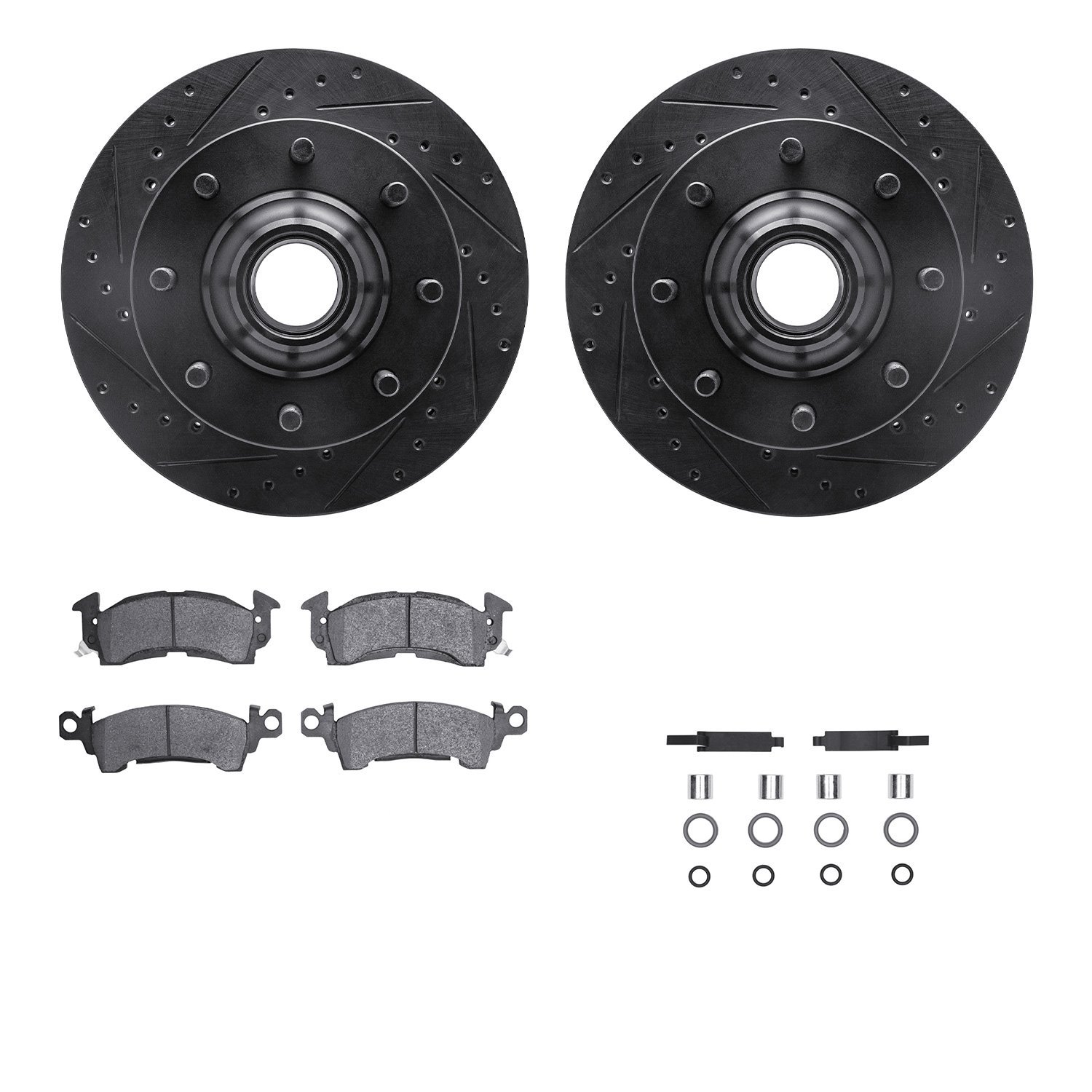 8212-48032 Drilled/Slotted Rotors w/Heavy-Duty Brake Pads Kit & Hardware [Black], 1971-1989 GM, Position: Front